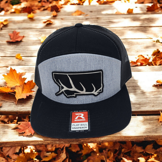 Montana Elk Antler Laser Engraved Black/Silver Patch on Richardson Flat Bill Snapback