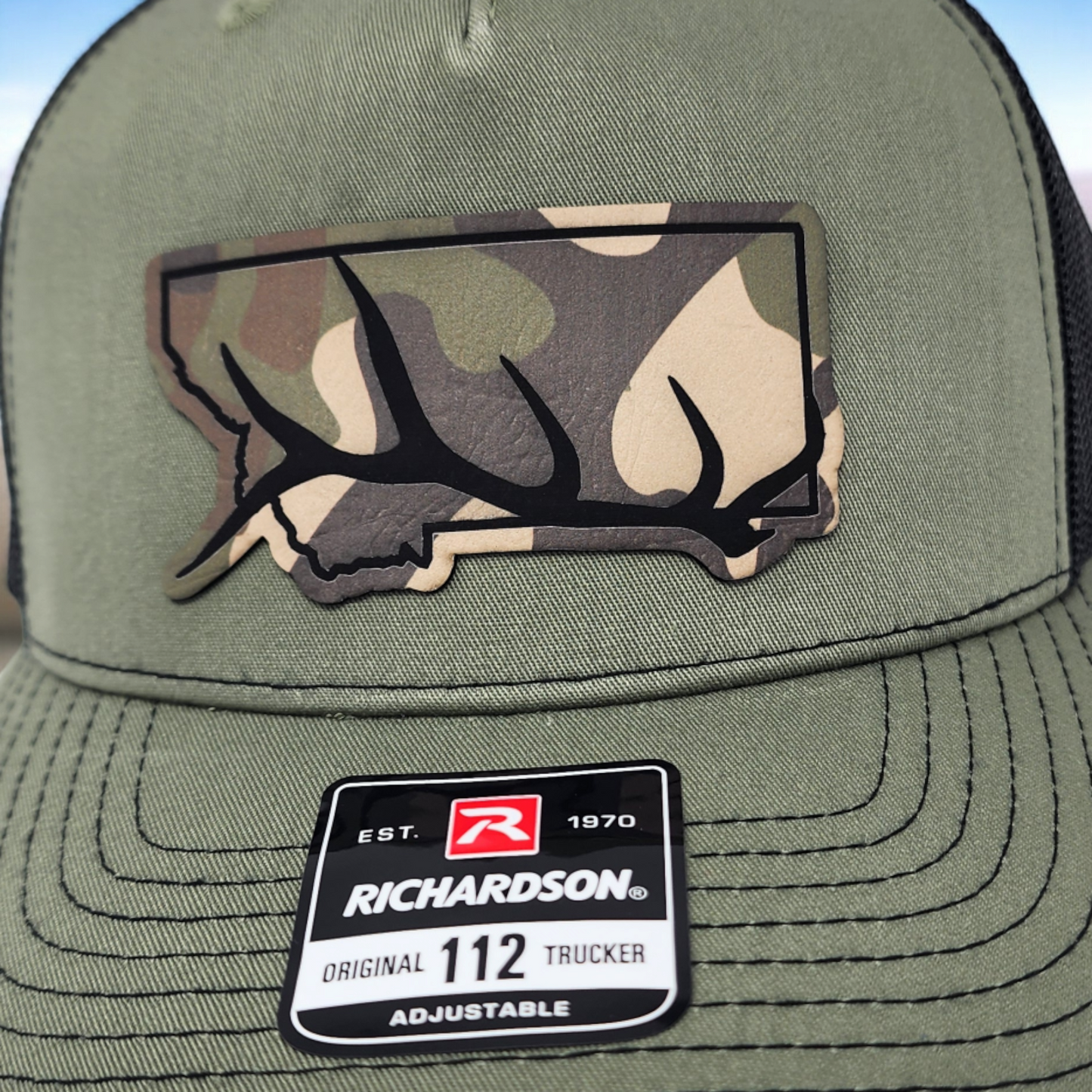 Montana Elk Antler Laser Engraved Camo Patch on Classic Richardson 112 Trucker Cap