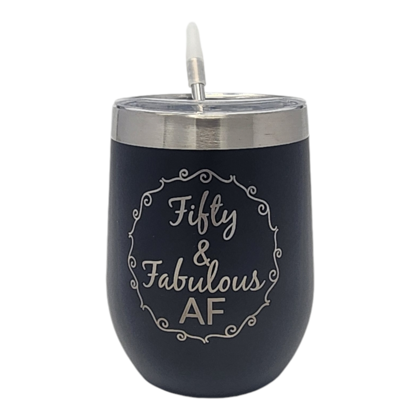 Fifty and Fabulous AF 50th Birthday Gift for Woman Funny Birthday Gift for Fifty Year Old 12 oz Insulated Stainless Steel Stemless Wine Tumbler With Lid Fifty And Fabulous 50th Birthday (Black)