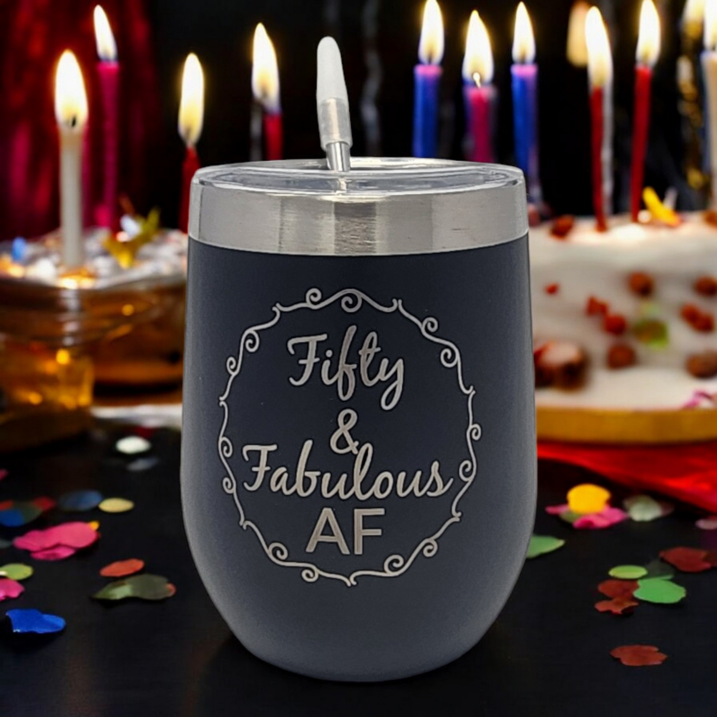 Fifty and Fabulous AF 50th Birthday Gift for Woman Funny Birthday Gift for Fifty Year Old 12 oz Insulated Stainless Steel Stemless Wine Tumbler With Lid Fifty And Fabulous 50th Birthday (Black)