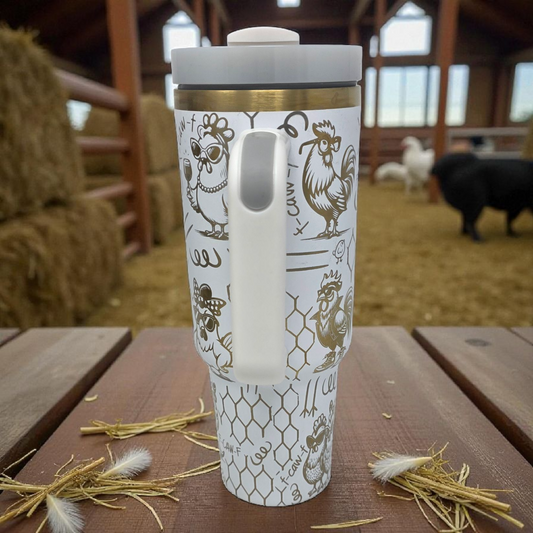 40oz Laser Engraved White Tumbler – Gold Underlay Chicken Design | “F-Caw-F” Farmhouse Humor Cup