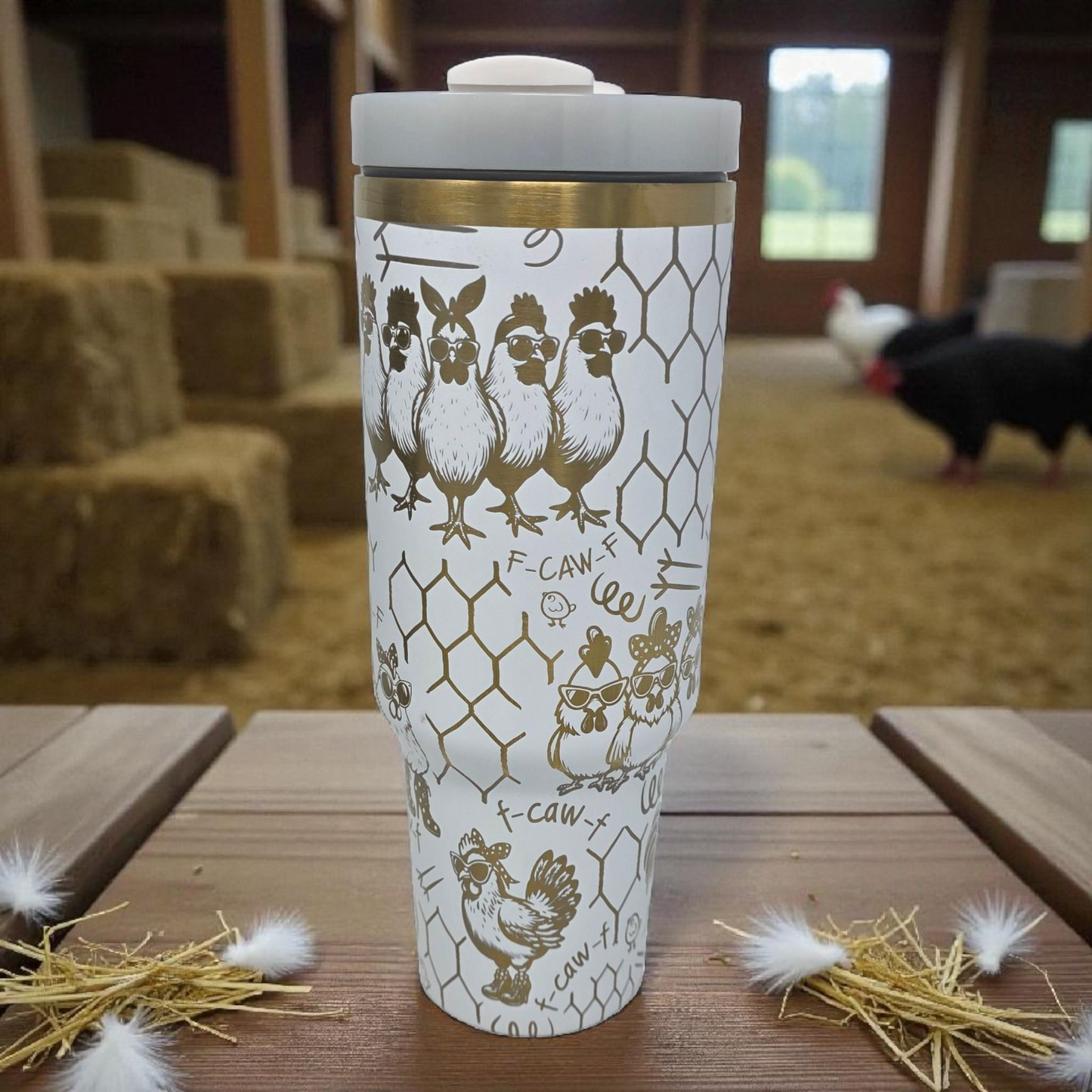 40oz Laser Engraved White Tumbler – Gold Underlay Chicken Design | “F-Caw-F” Farmhouse Humor Cup