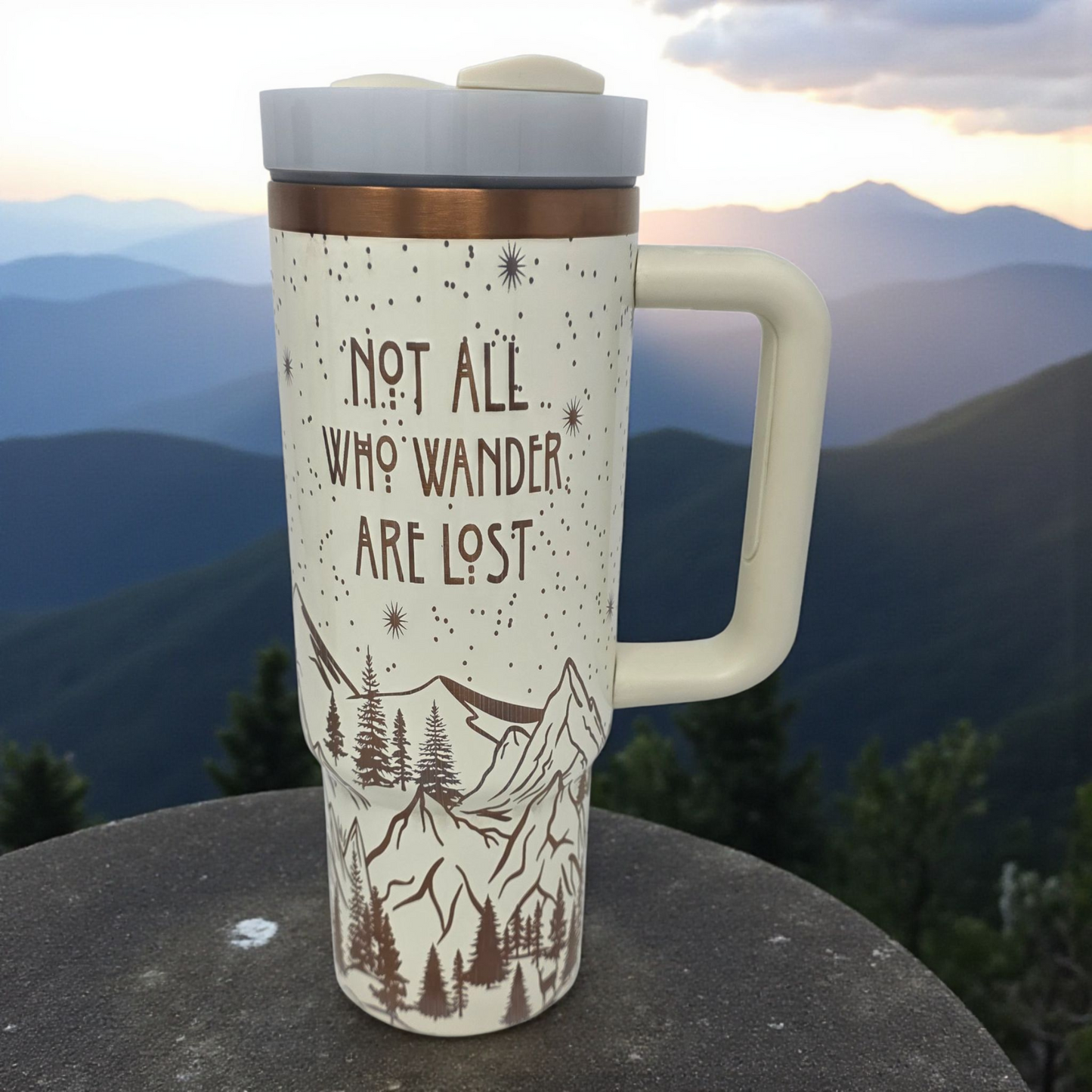 30oz Cream & Copper “Not All Who Wander Are Lost” Laser-Engraved Tumbler