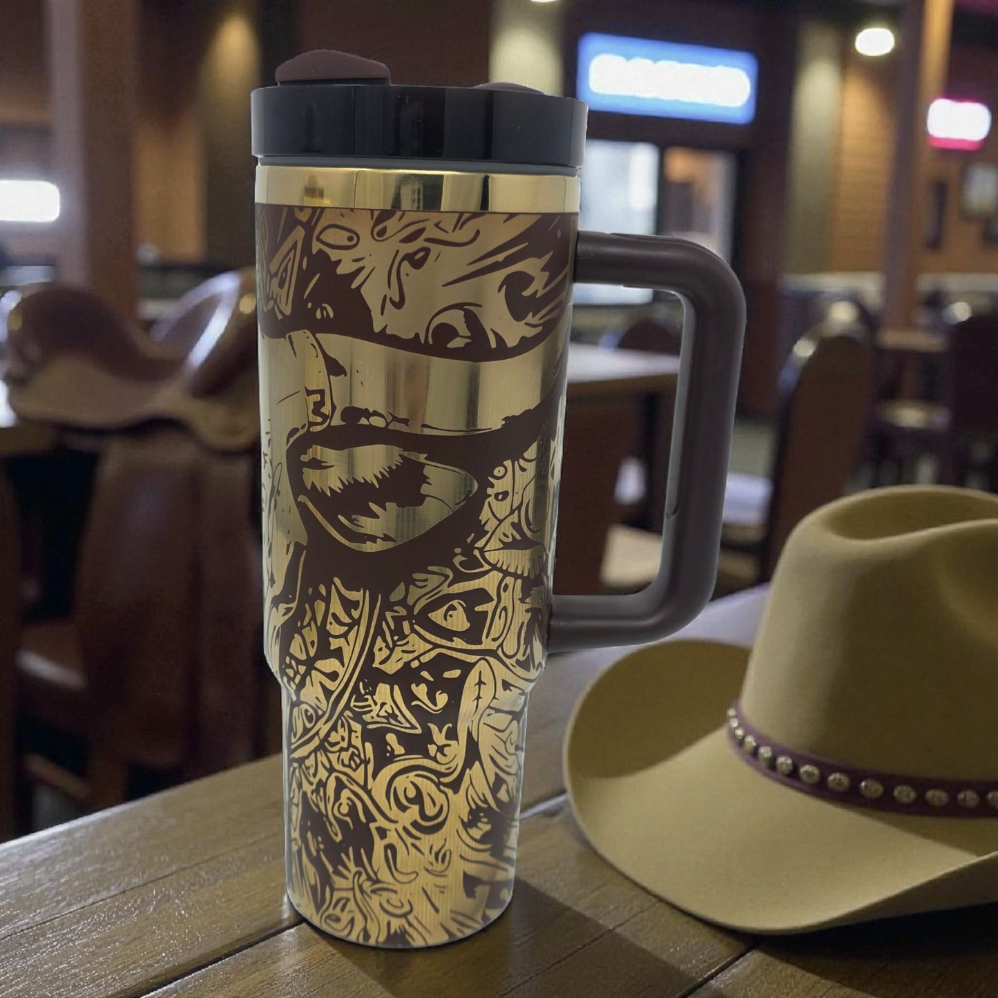 30oz Laser Engraved Western Cow Skull Tumbler – Full Wrap Design