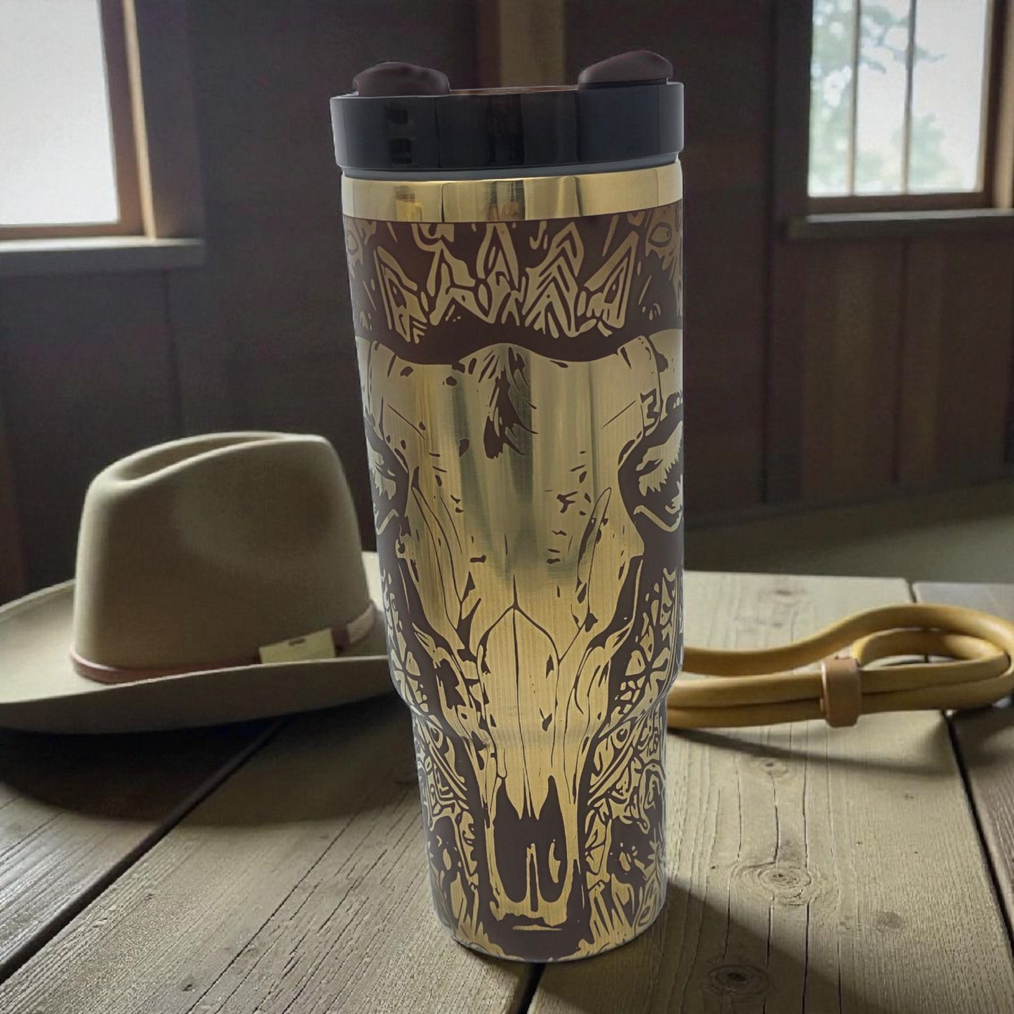 30oz Laser Engraved Western Cow Skull Tumbler – Full Wrap Design