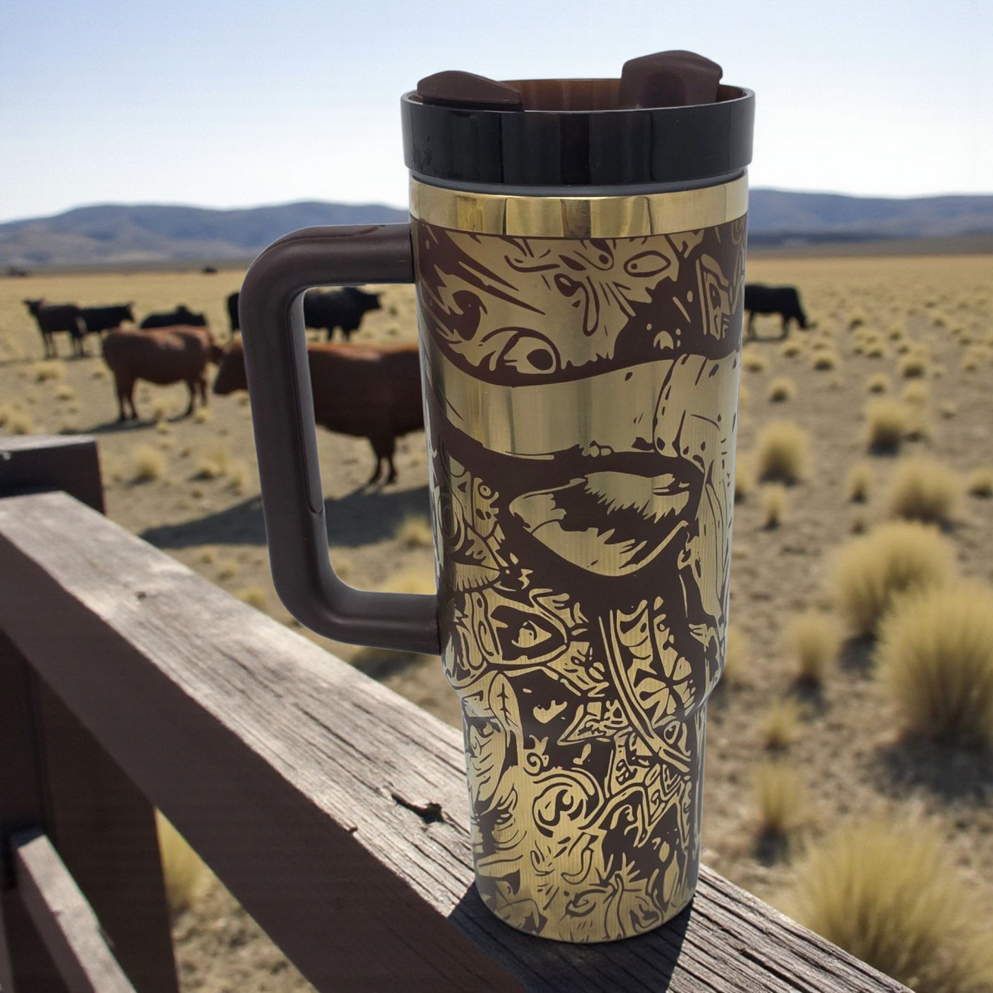 30oz Laser Engraved Western Cow Skull Tumbler – Full Wrap Design