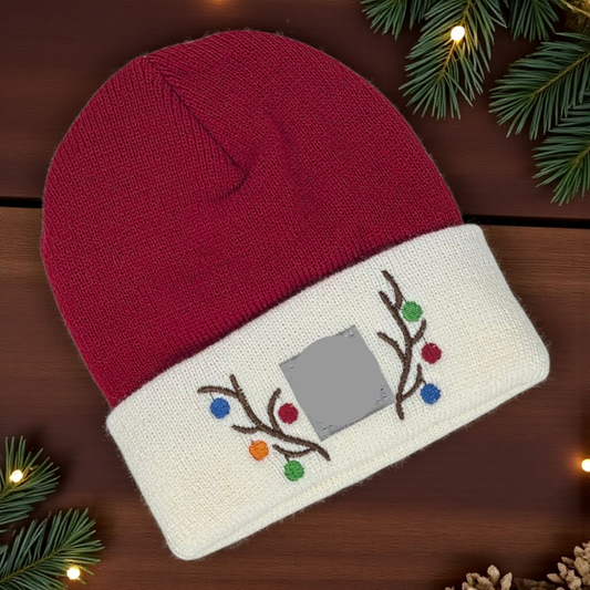 Toddler/Baby or Youth Size Holiday Beanie – Embroidered Antlers & Ornaments