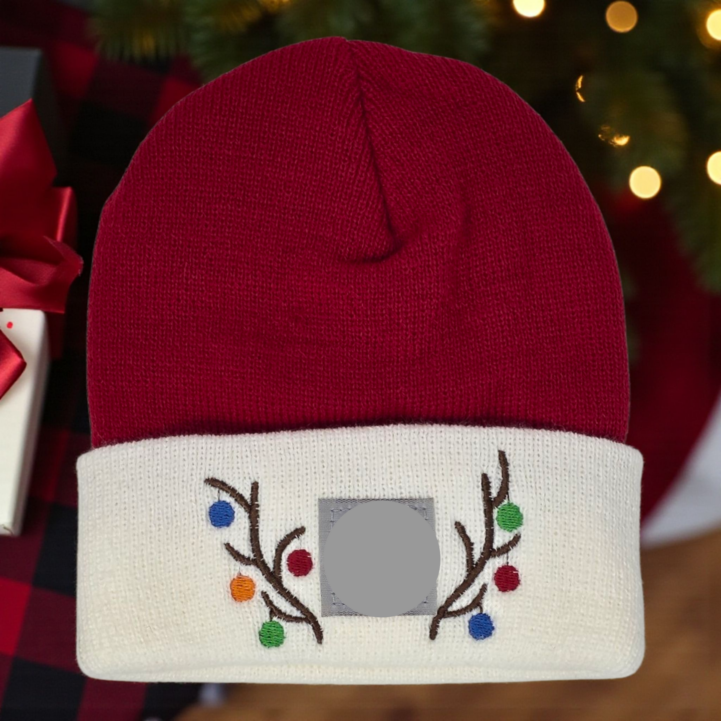 Toddler/Baby or Youth Size Holiday Beanie – Embroidered Antlers & Ornaments