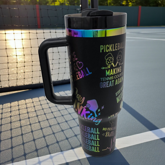 40oz Laser Engraved Pickleball Tumbler – Rainbow Engraving, Large Handle, Spill-Proof Lid