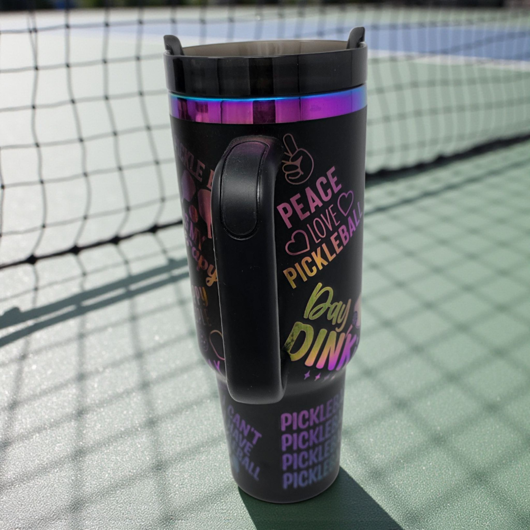 40oz Laser Engraved Pickleball Tumbler – Rainbow Engraving, Large Handle, Spill-Proof Lid