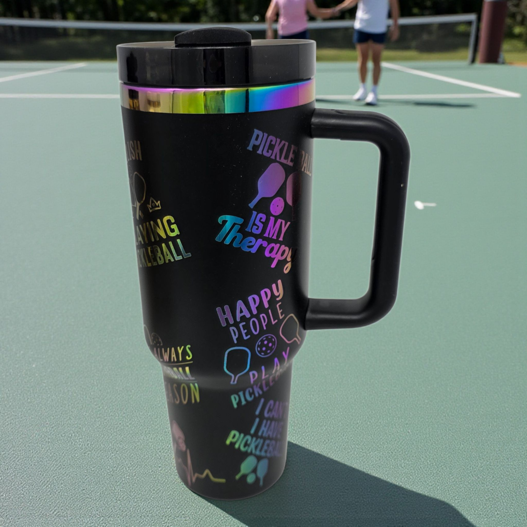 40oz Laser Engraved Pickleball Tumbler – Rainbow Engraving, Large Handle, Spill-Proof Lid