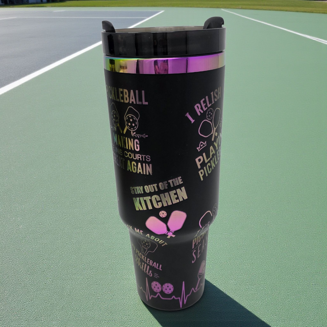 40oz Laser Engraved Pickleball Tumbler – Rainbow Engraving, Large Handle, Spill-Proof Lid
