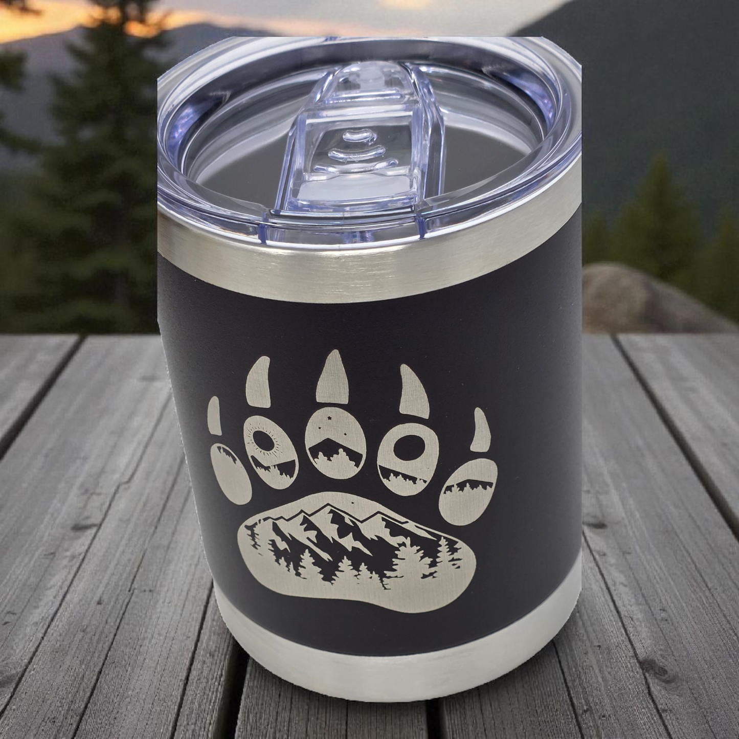 Laser Engraved 10oz Lowball Tumbler – Double-Sided Mountain Bear Paw Design
