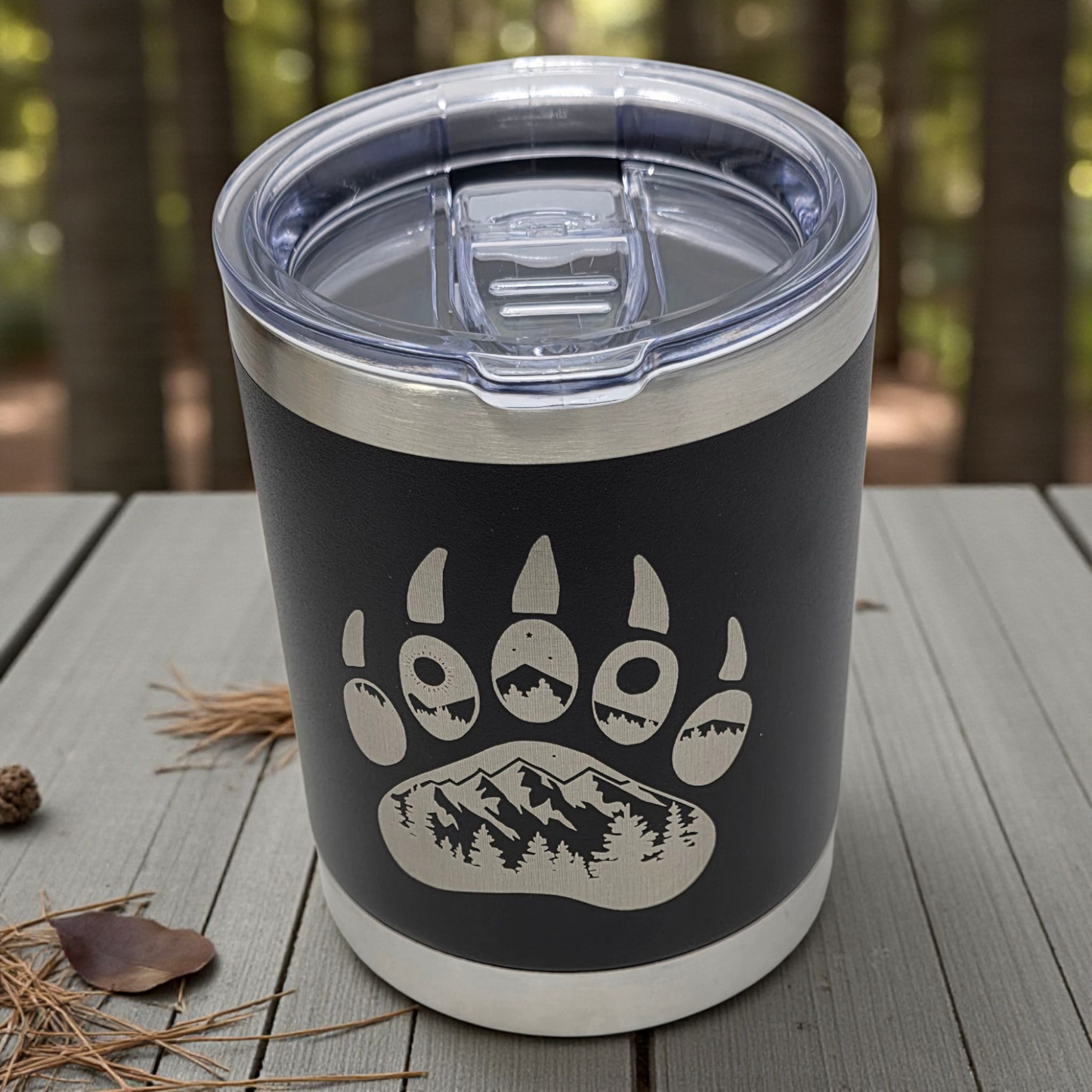 Laser Engraved 10oz Lowball Tumbler – Double-Sided Mountain Bear Paw Design