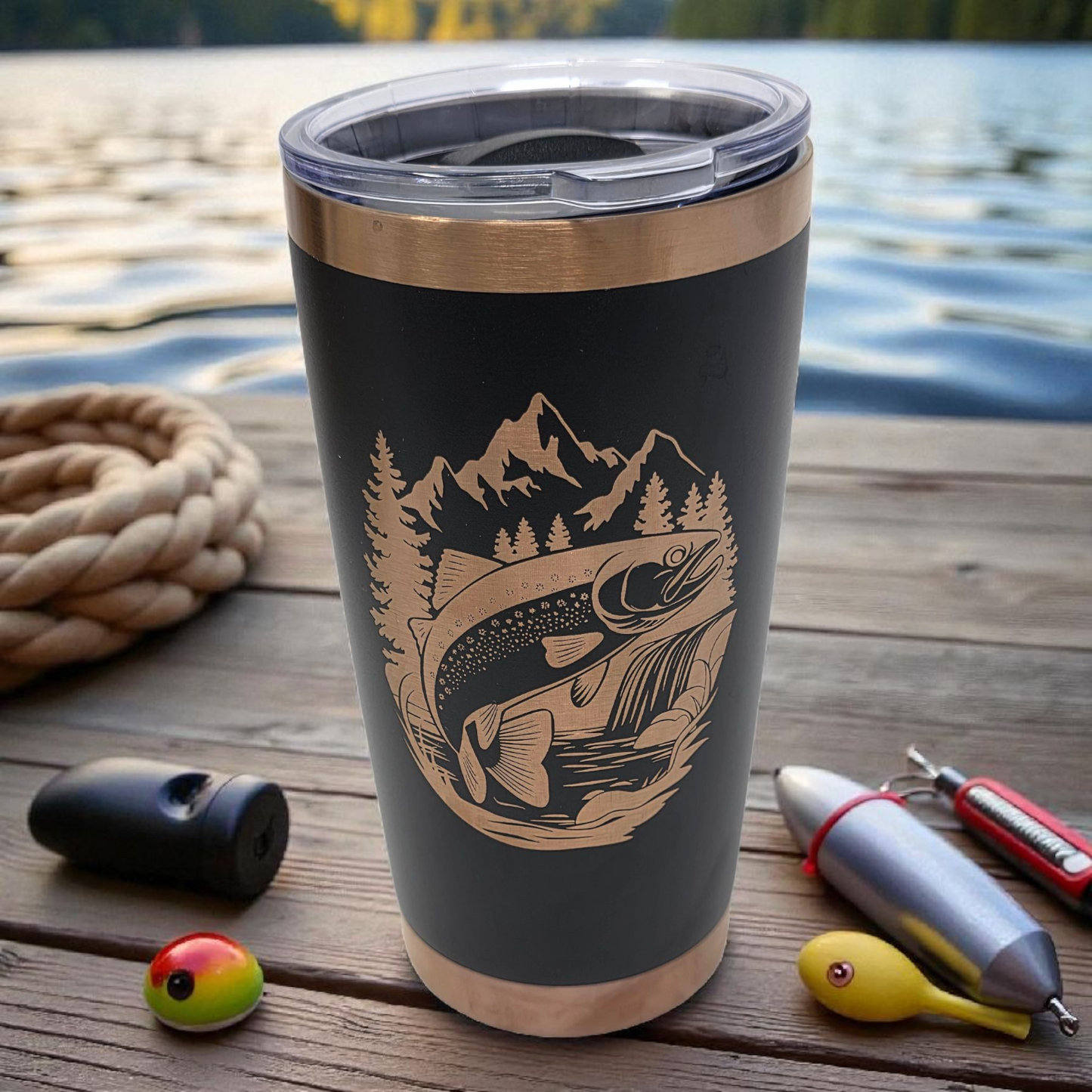 20oz Laser Engraved Tumbler – Double-Sided Trout & Mountain Scene