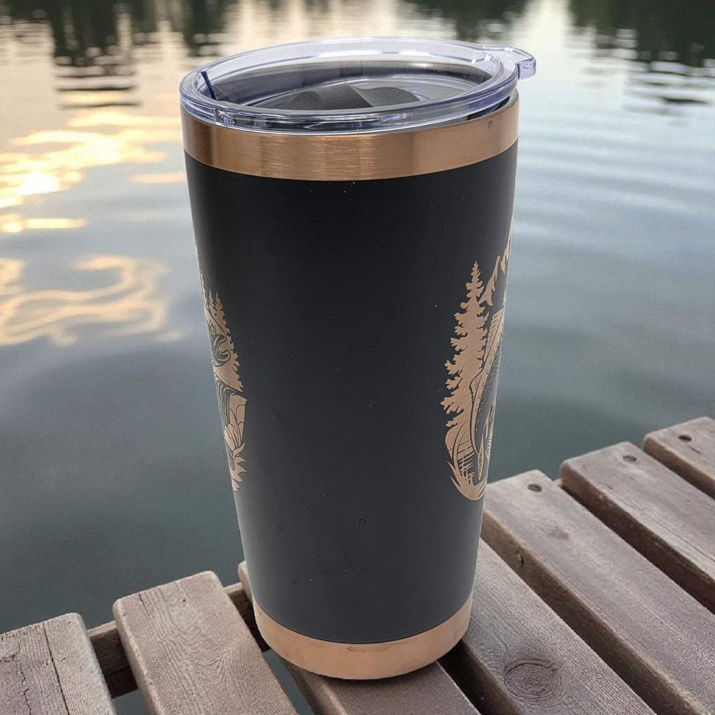 20oz Laser Engraved Tumbler – Double-Sided Trout & Mountain Scene