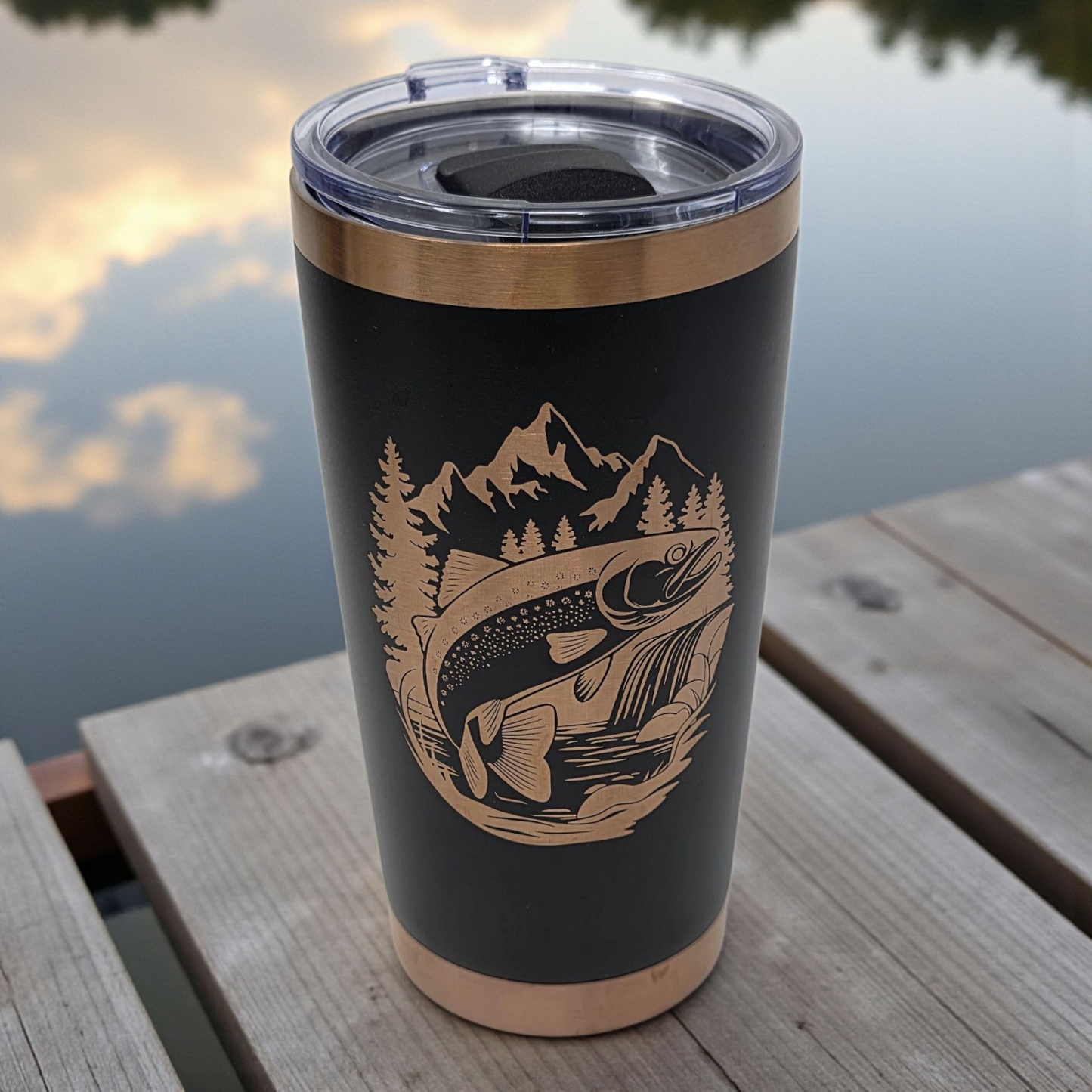 20oz Laser Engraved Tumbler – Double-Sided Trout & Mountain Scene
