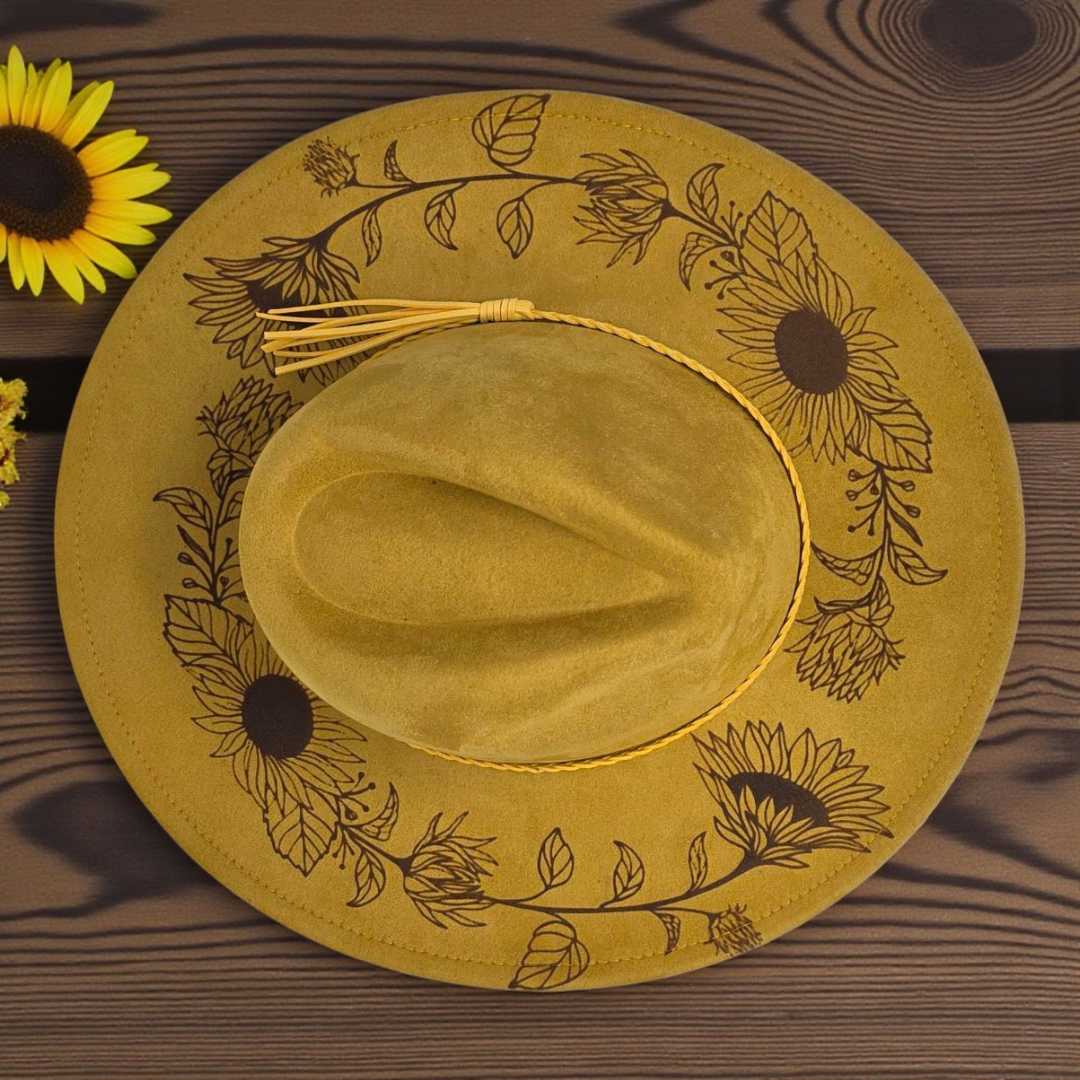 Sunflower Vegan Suede Wide Brim Hat - Laser Engraved Boho Western