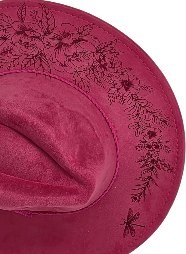 Magenta Vegan Suede Wide Brim Hat - Laser Engraved Roses & Dragonflies