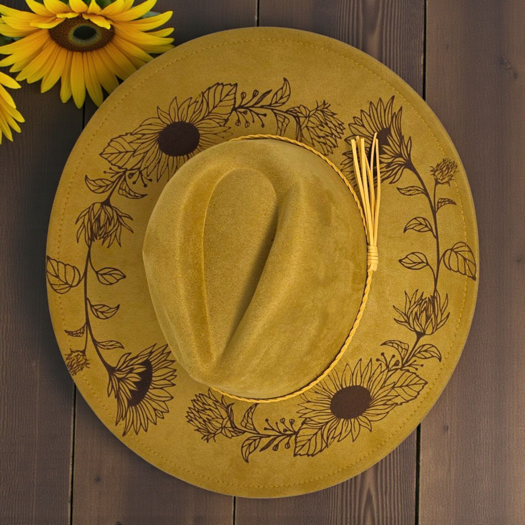 Sunflower Vegan Suede Wide Brim Hat - Laser Engraved Boho Western