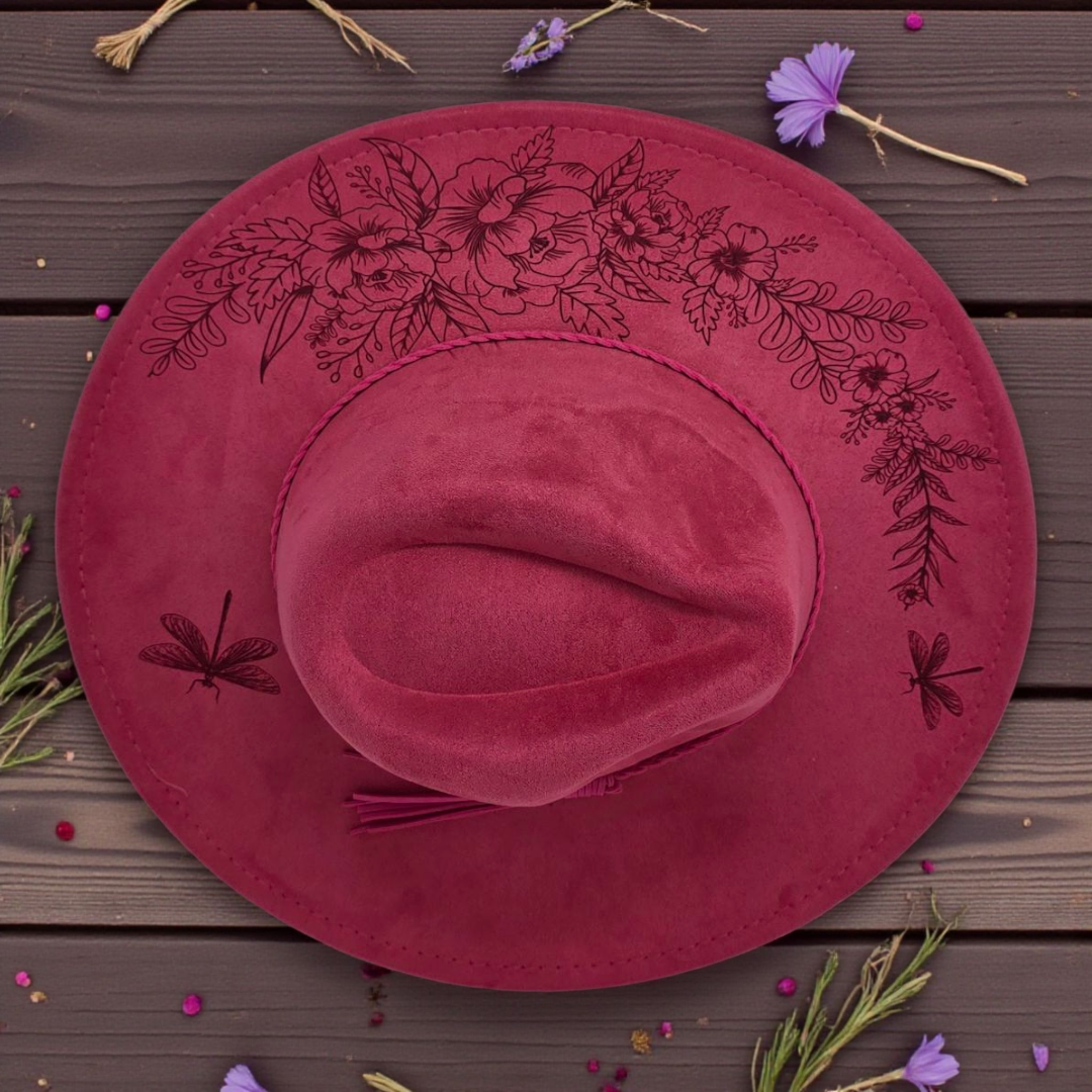 Magenta Vegan Suede Wide Brim Hat - Laser Engraved Roses & Dragonflies