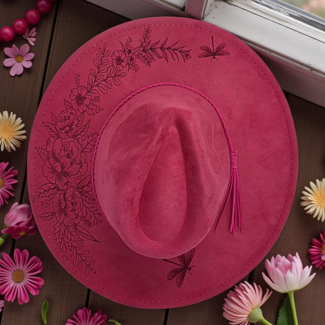 Magenta Vegan Suede Wide Brim Hat - Laser Engraved Roses & Dragonflies
