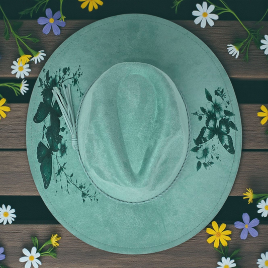 Seafoam Green Vegan Suede Wide Brim Hat - Laser Engraved Butterflies