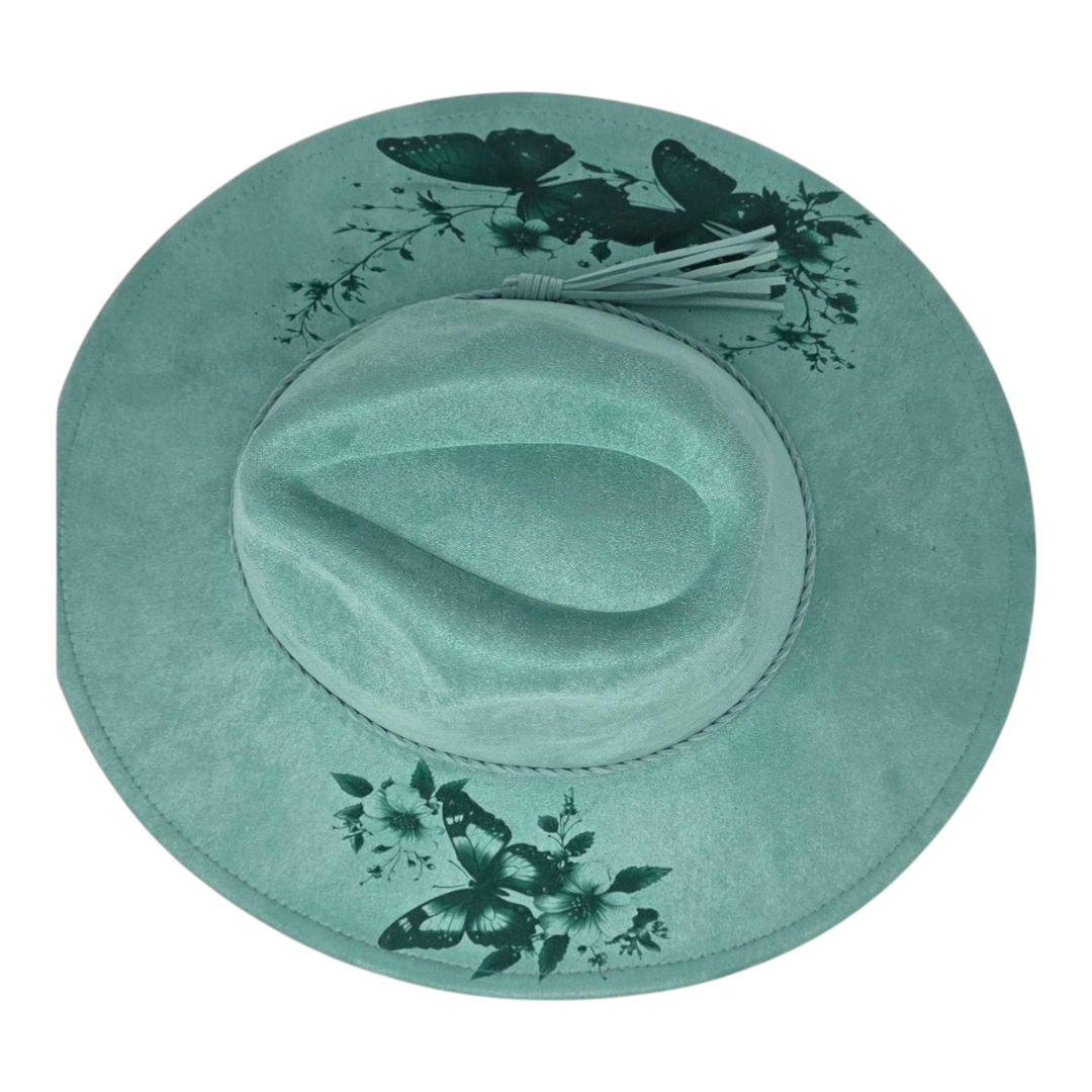 Seafoam Green Vegan Suede Wide Brim Hat - Laser Engraved Butterflies