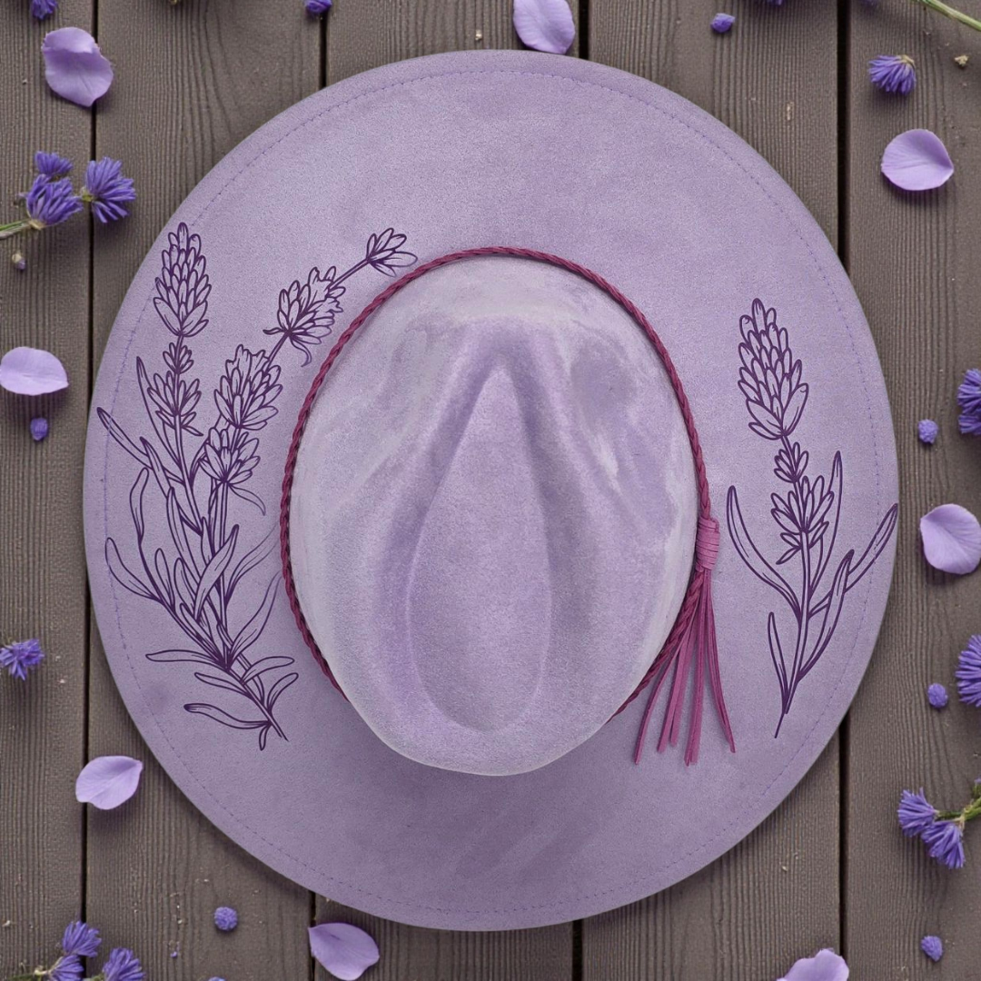 Lavender Vegan Suede Wide Brim Hat - Laser Engraved Floral Design