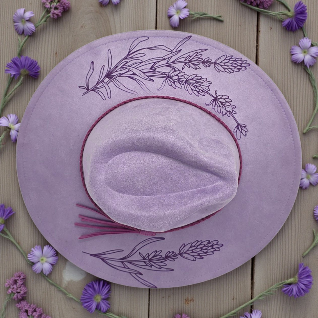 Lavender Vegan Suede Wide Brim Hat - Laser Engraved Floral Design