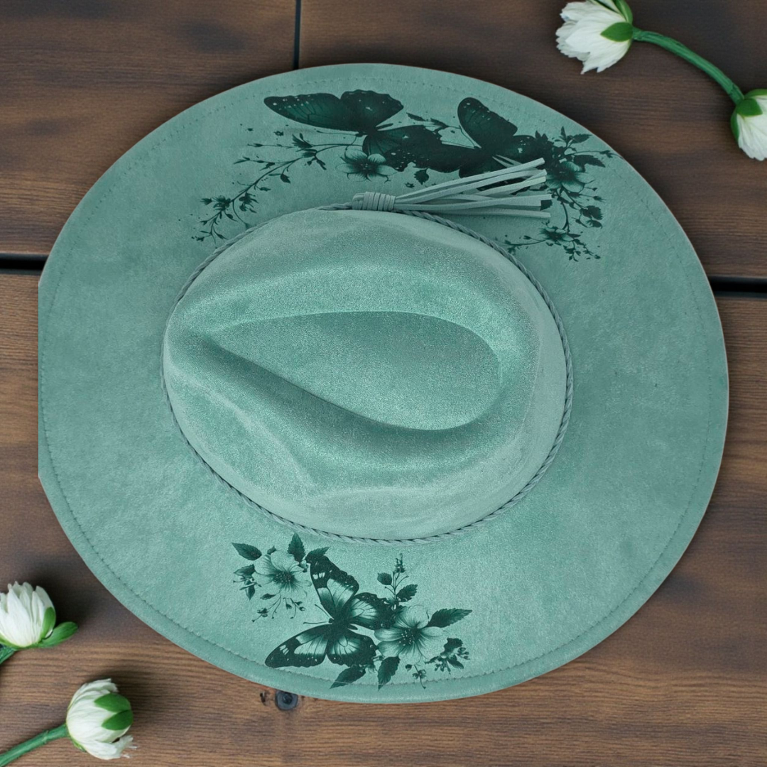 Seafoam Green Vegan Suede Wide Brim Hat - Laser Engraved Butterflies