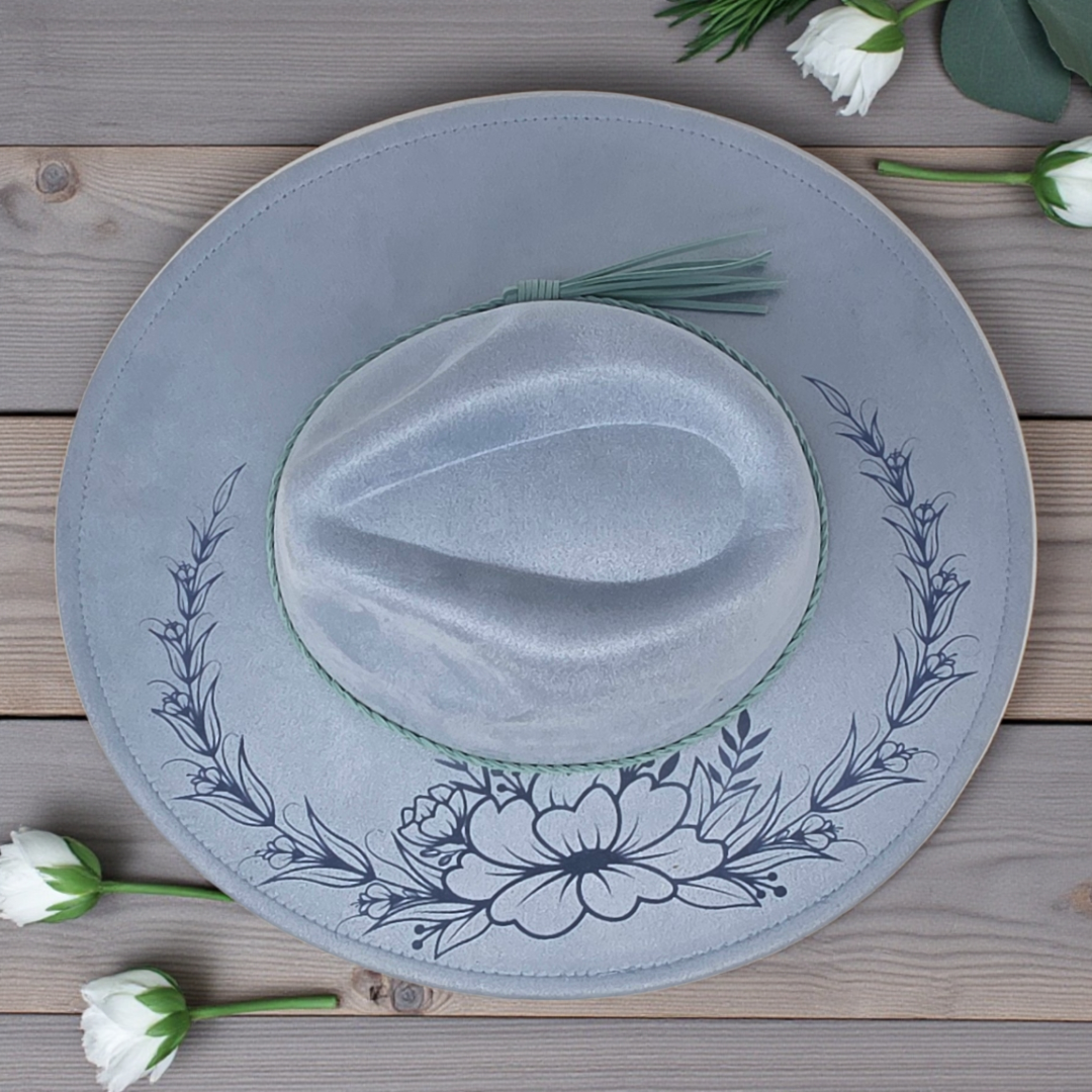 Bluebell Vegan Suede Wide Brim Hat - Laser Engraved Floral Boho