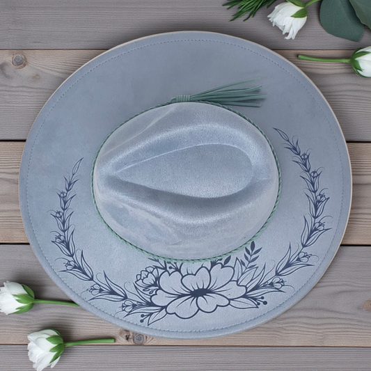 Bluebell Vegan Suede Wide Brim Hat - Laser Engraved Floral Boho