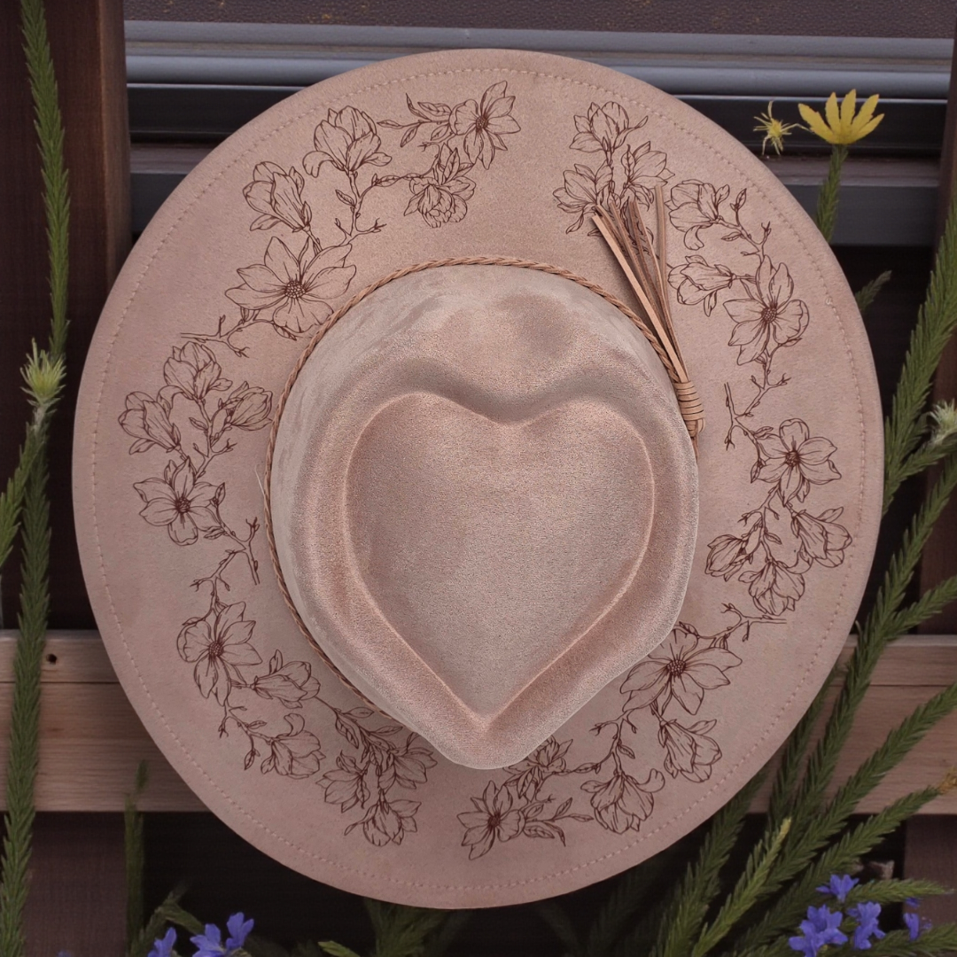 Dusty Pink Vegan Suede Wide Brim Hat - Laser Engraved Magnolia