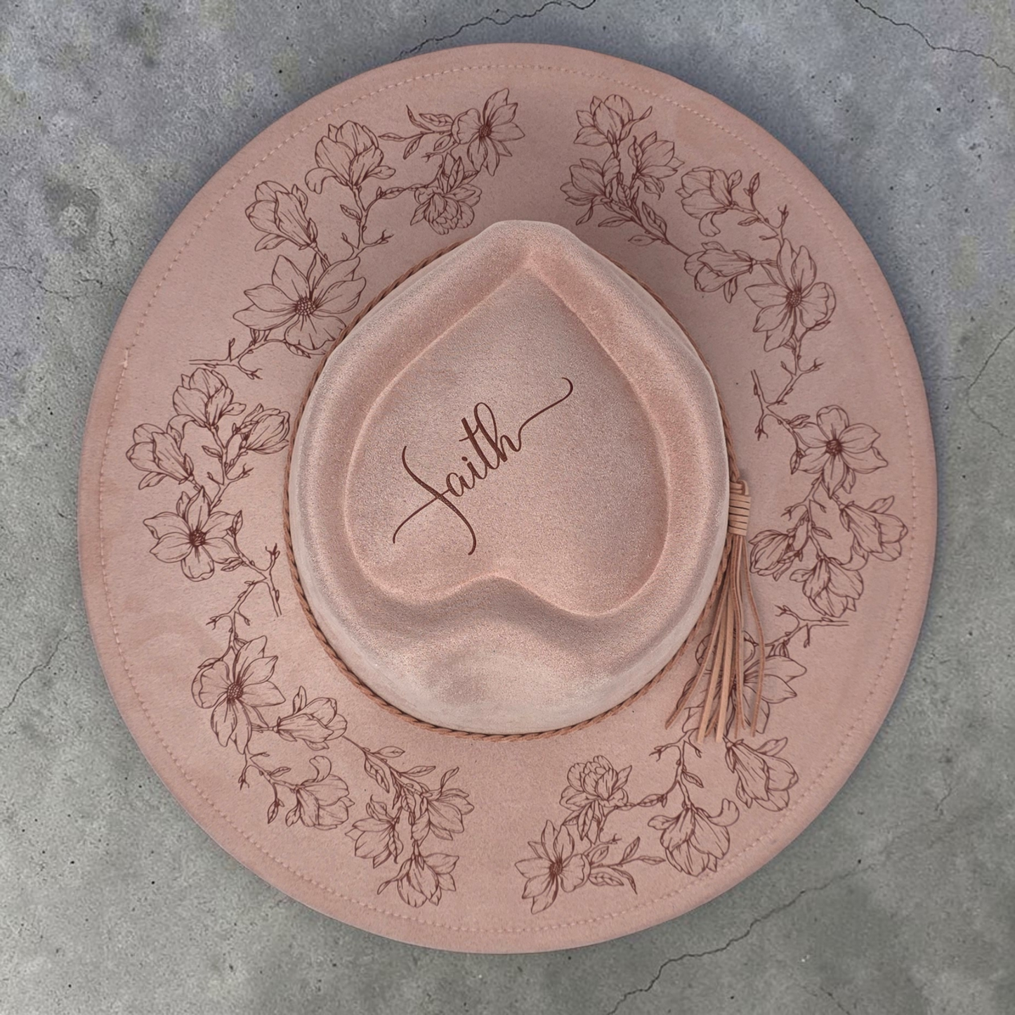 Dusty Pink Vegan Suede Wide Brim Hat - Laser Engraved Magnolia