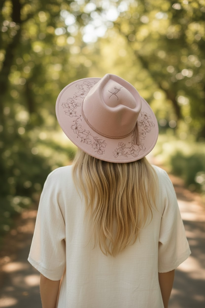 Dusty Pink Vegan Suede Wide Brim Hat - Laser Engraved Magnolia