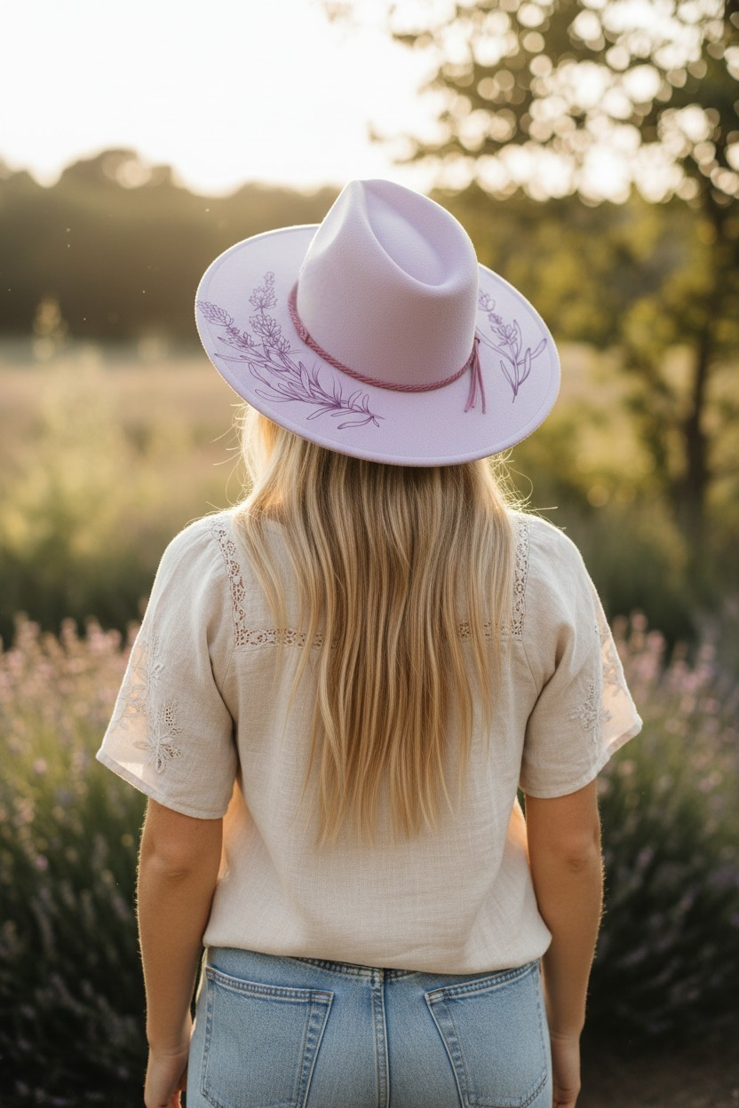 Lavender Vegan Suede Wide Brim Hat - Laser Engraved Floral Design