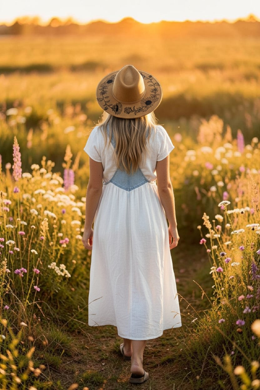 Sunflower Vegan Suede Cowboy Hat - Wide Flat Brim Rancher Style