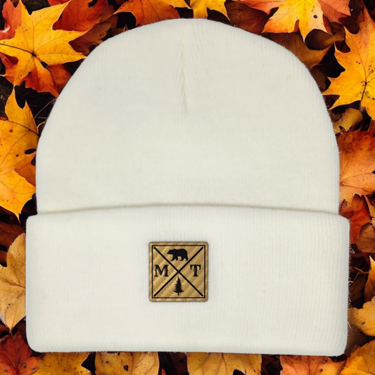 Montana Knit Beanie with Gold and Black Laser Engraved Patch | Unique Winter Hat | Gift for Mom, Dad, Sister, Brother, Friend