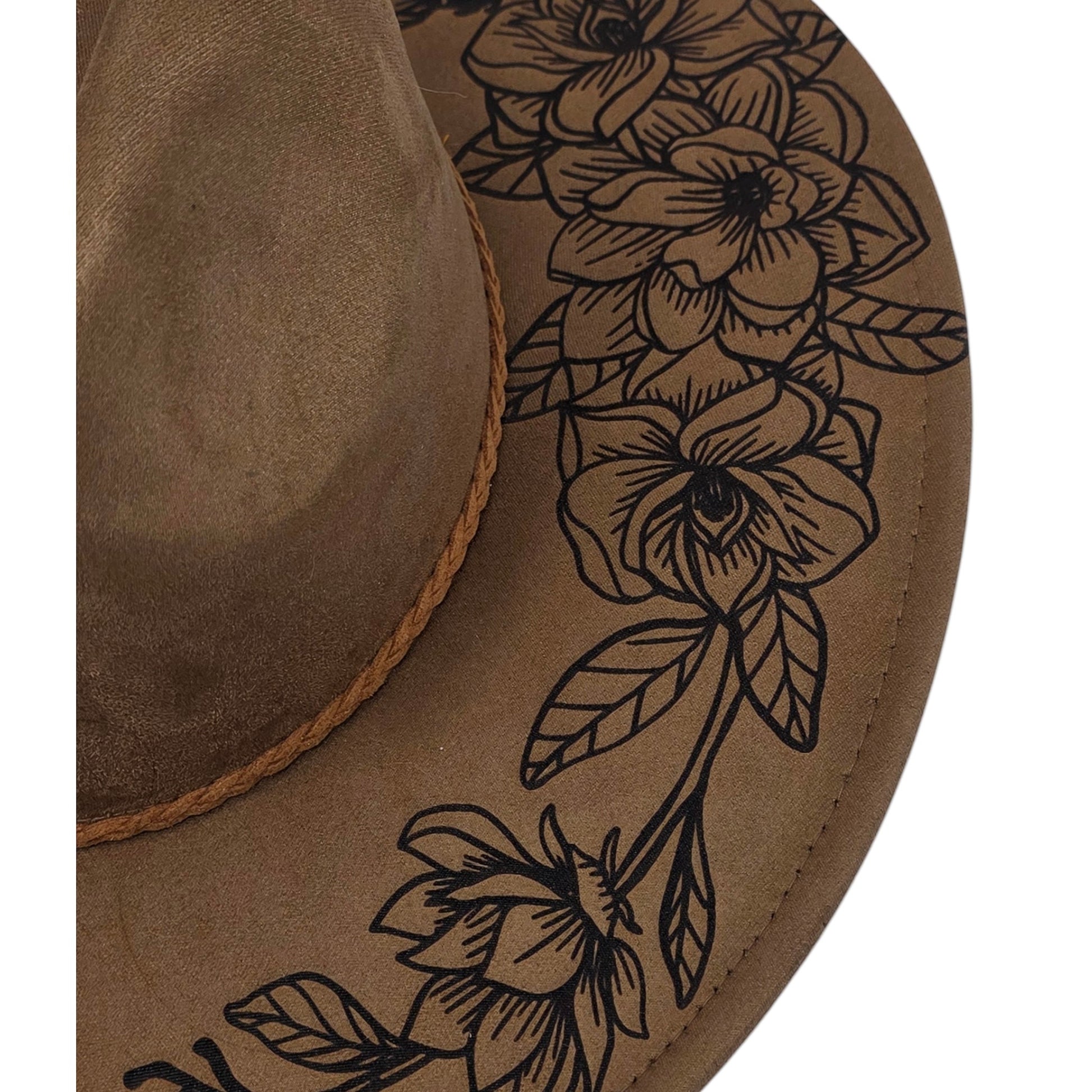 Elkhorn Designs chestnut vegan suede wide brim hat featuring a detailed laser-engraved gardenia floral pattern.