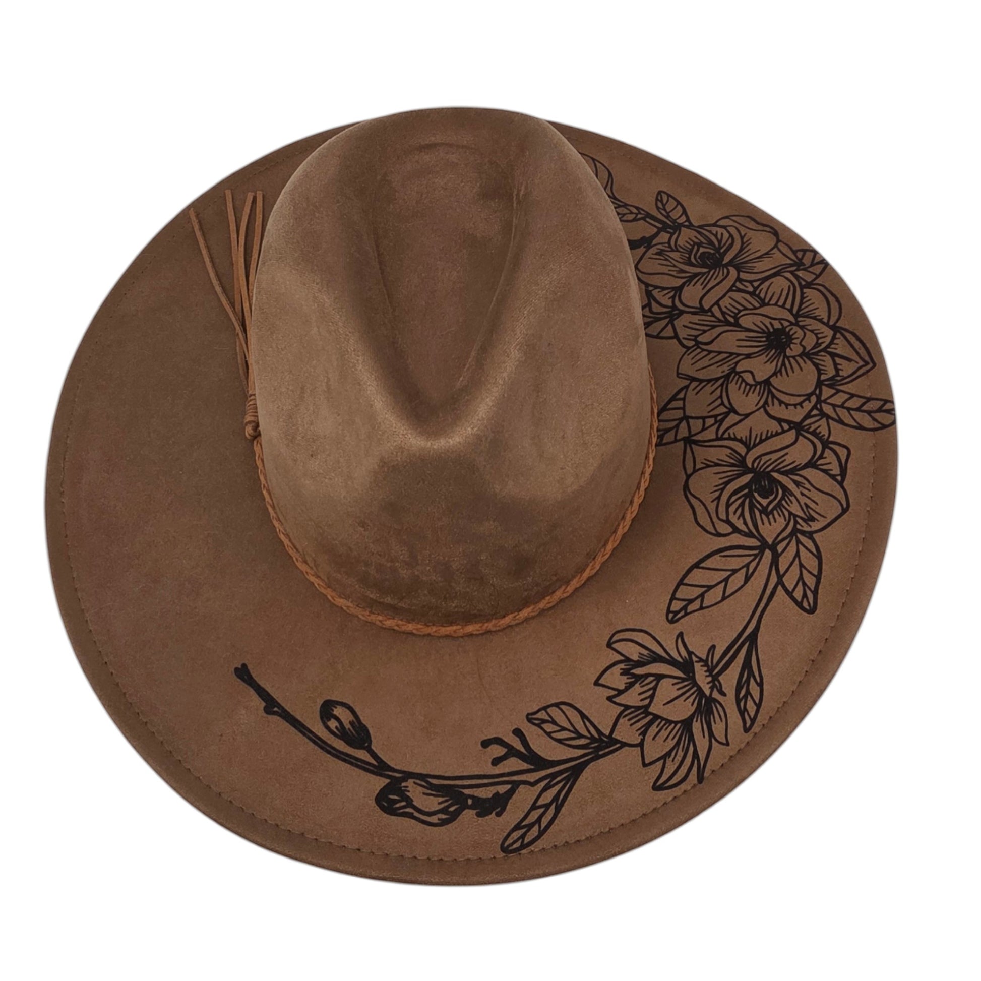 Elkhorn Designs chestnut vegan suede wide brim hat with laser-engraved gardenia floral design and braided tassel band
