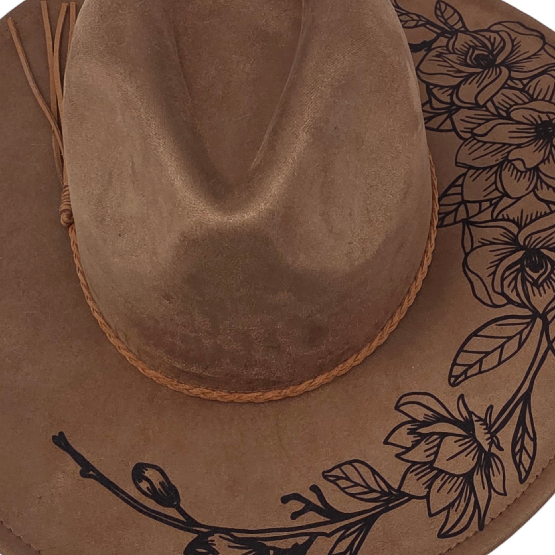 Elkhorn Designs chestnut vegan suede wide brim hat with laser-engraved gardenia floral pattern and braided tassel band