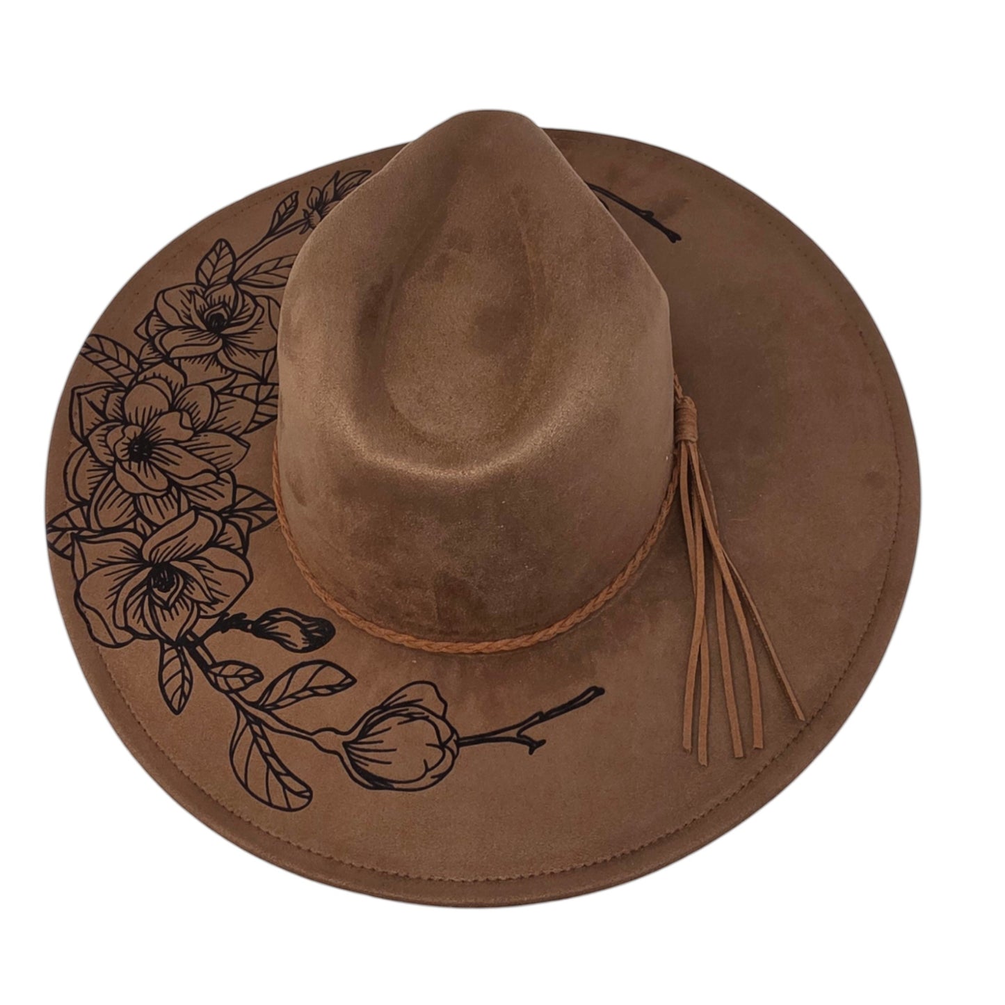 Elkhorn Designs chestnut vegan suede wide-brim hat with laser-engraved gardenia floral design and braided tassel band.