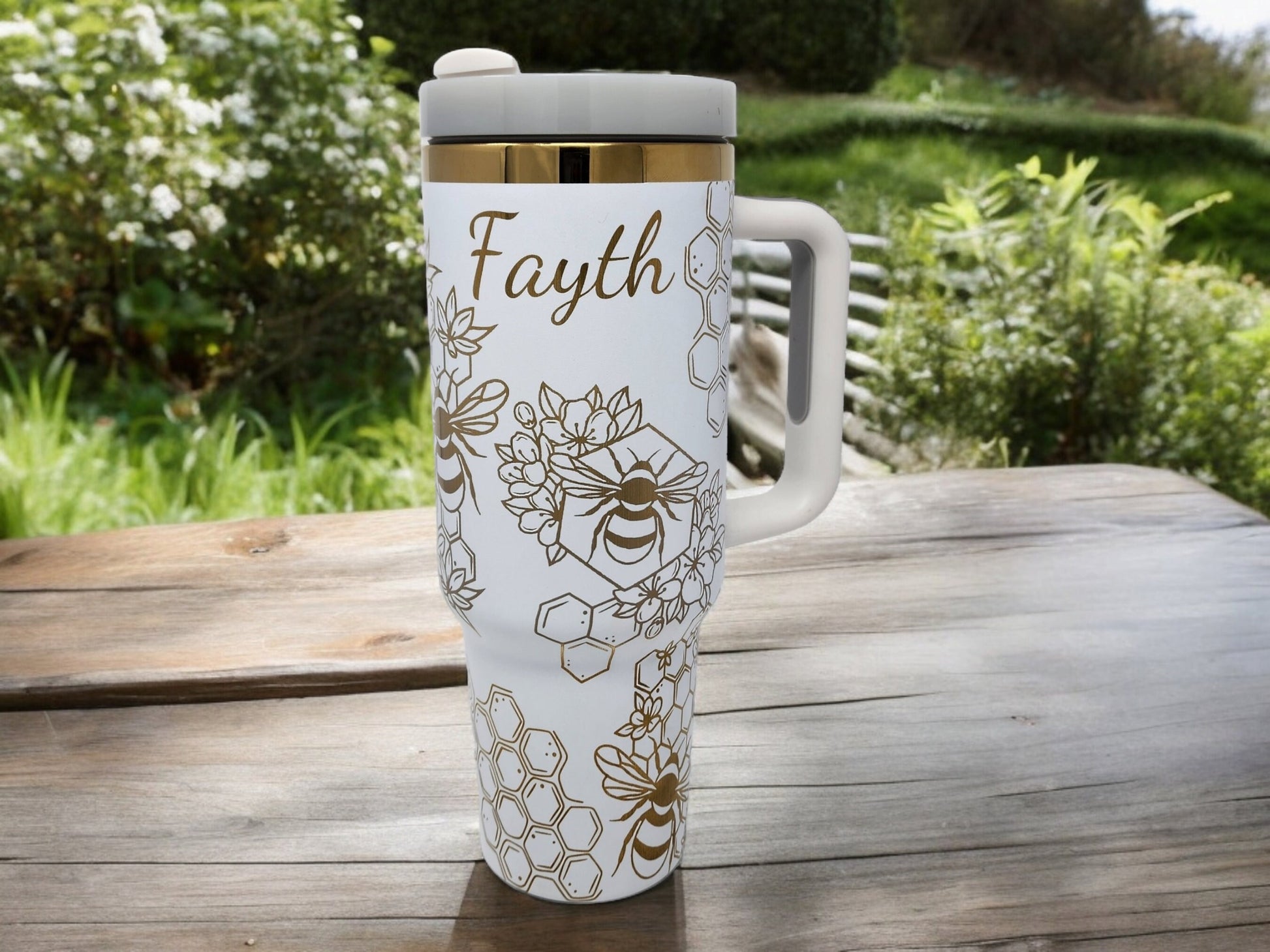 Honey Bee Tumbler Custom Gift Laser Engraved 40oz Chocolate or White Gold-Plated Tumbler Personalization Available Unique Gift for Bee Lover