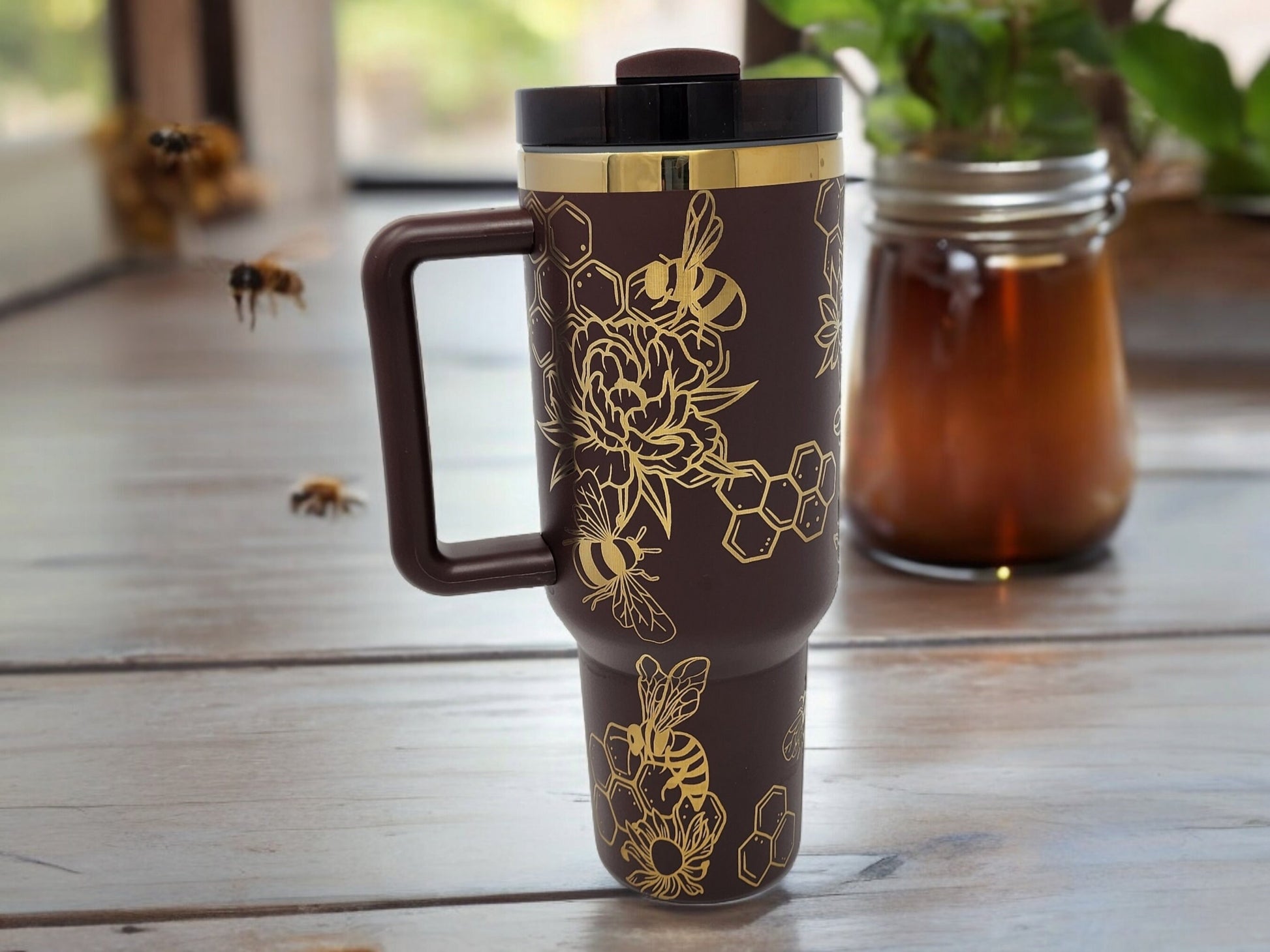 Honey Bee Tumbler Custom Gift Laser Engraved 40oz Chocolate or White Gold-Plated Tumbler Personalization Available Unique Gift for Bee Lover