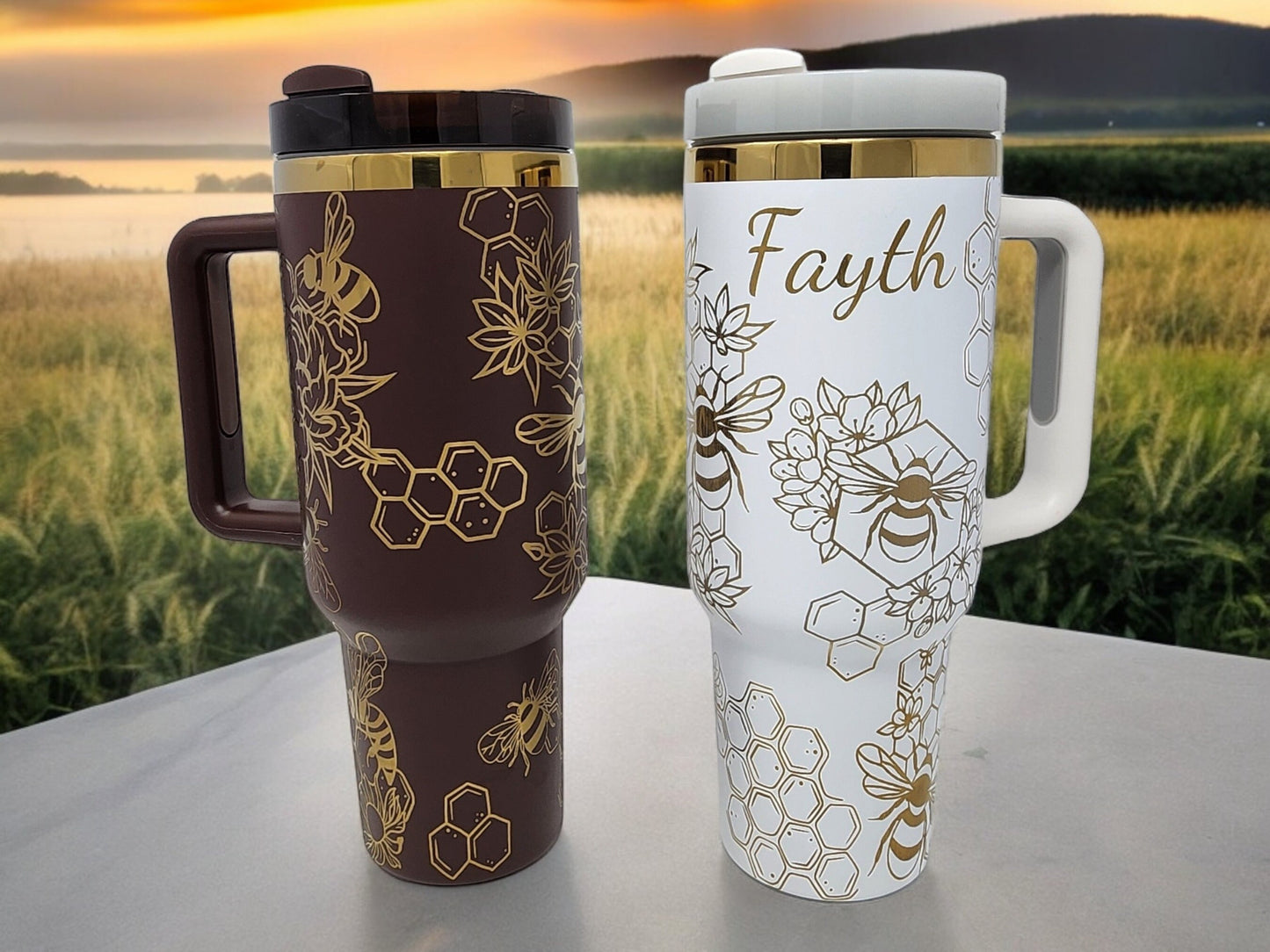 Honey Bee Tumbler Custom Gift Laser Engraved 40oz Chocolate or White Gold-Plated Tumbler Personalization Available Unique Gift for Bee Lover