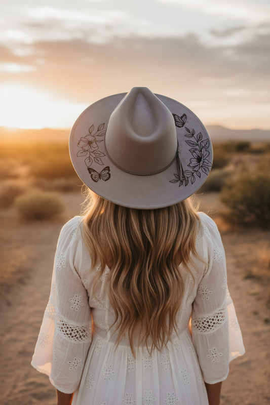 Woman from behind wearing gray laser engraved wide brim vegan hat showing floral butterfly design on flat brim