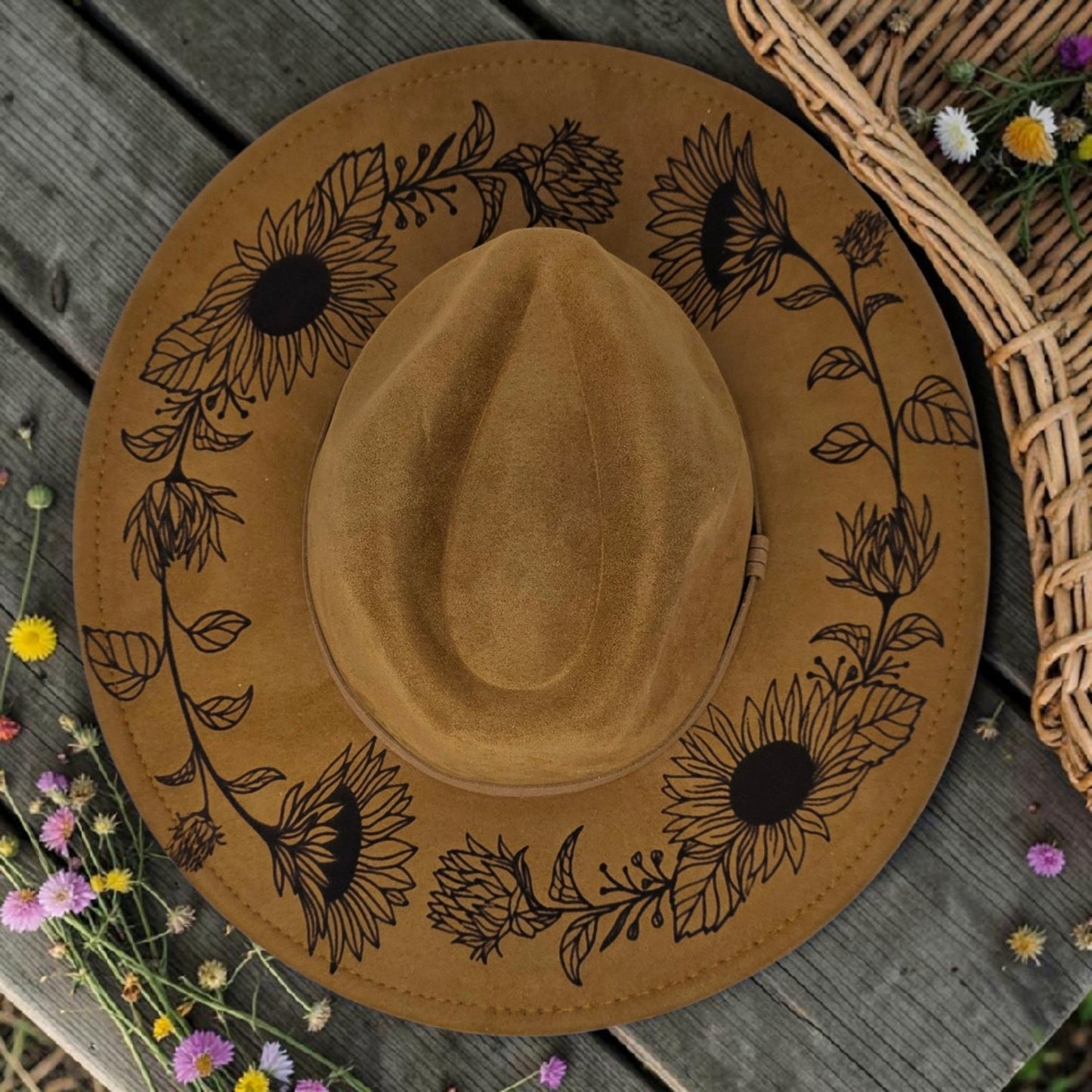 Sunflower Vegan Suede Cowboy Hat - Wide Flat Brim Rancher Style