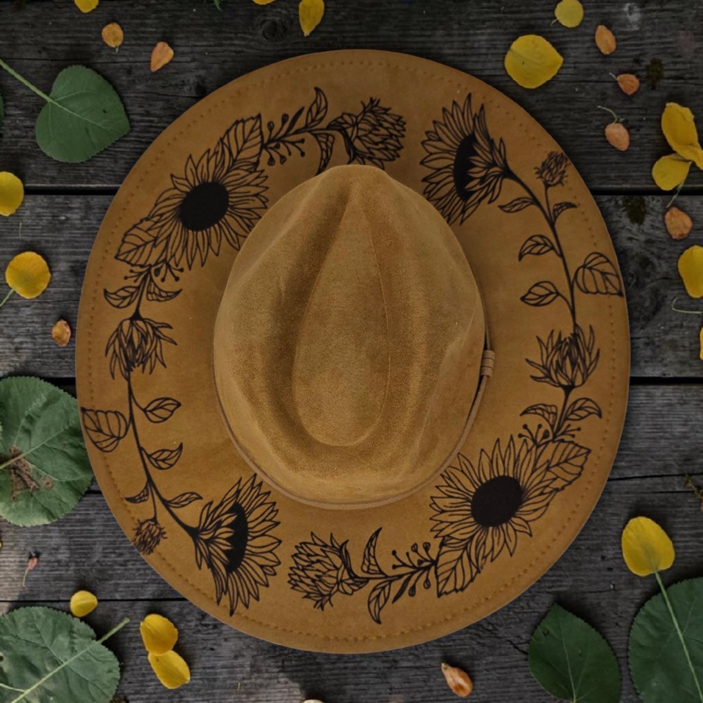 Sunflower Vegan Suede Cowboy Hat - Wide Flat Brim Rancher Style