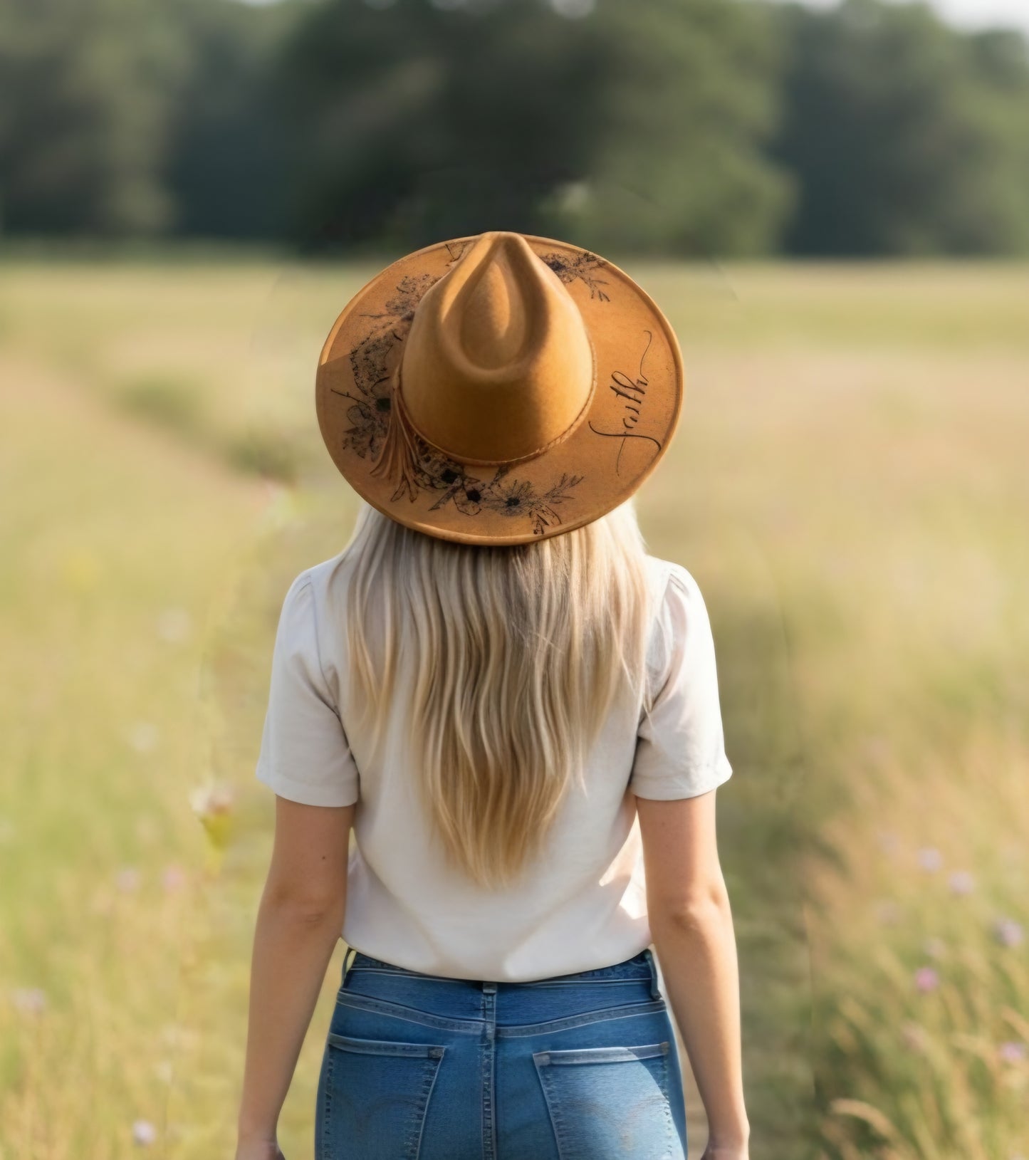 Vegan Suede Floral Dark Chestnut Rancher Style Cowboy Hat Wide Flat Brim